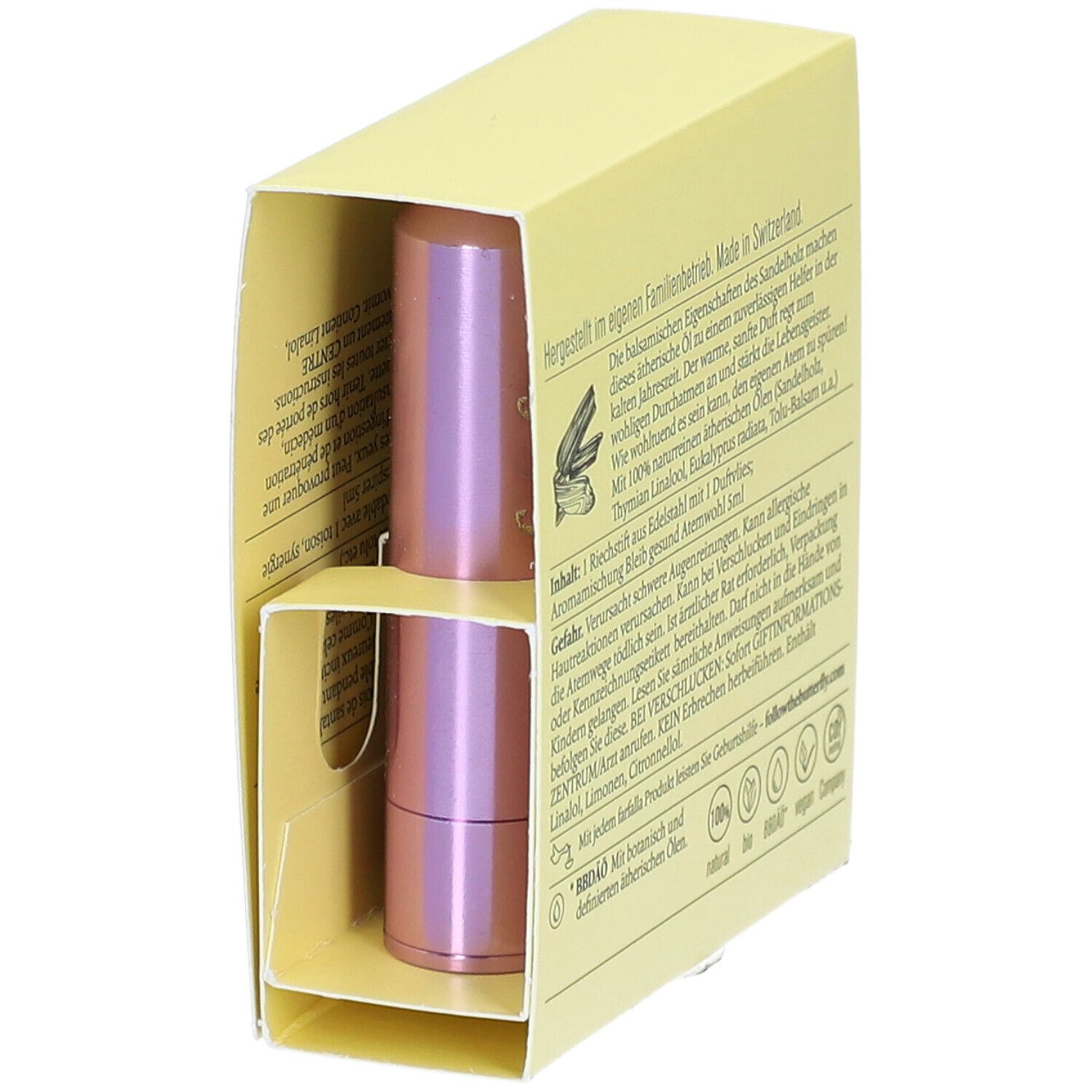Emballage jaune avec produit. Bâtonnet olfactif rose. Texte : Ensemble de bâtonnets olfactifs, Avec bois de santal, informations du fabricant.
