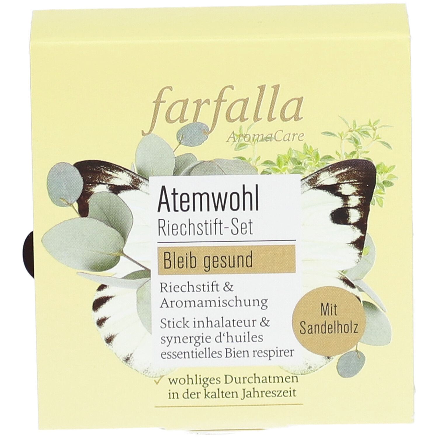 Emballage jaune avec nom et logo du produit. Contient un ensemble de bâtonnets olfactifs. Texte : Restez en bonne santé, Avec bois de santal.