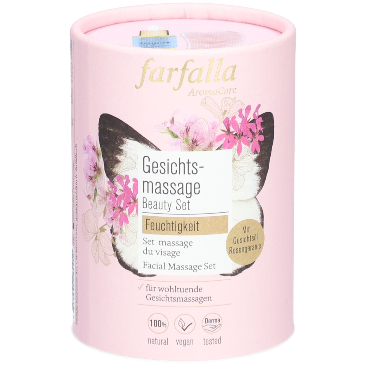Roze cilindrische verpakking. Opschrift: Farfalla AromaCare, Beauty Set, Vochtigheid. Vlinder- en bloemmotief.