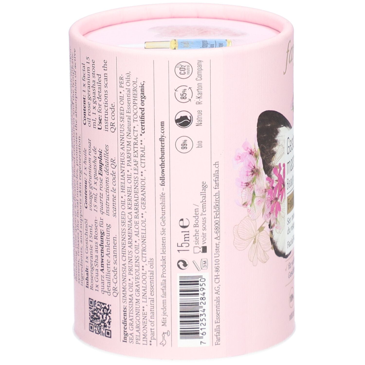 Roze cilindrische verpakking. Opschrift: Farfalla, ingrediënten, 15ml olie, QR-code. Met certificeringen en barcode.