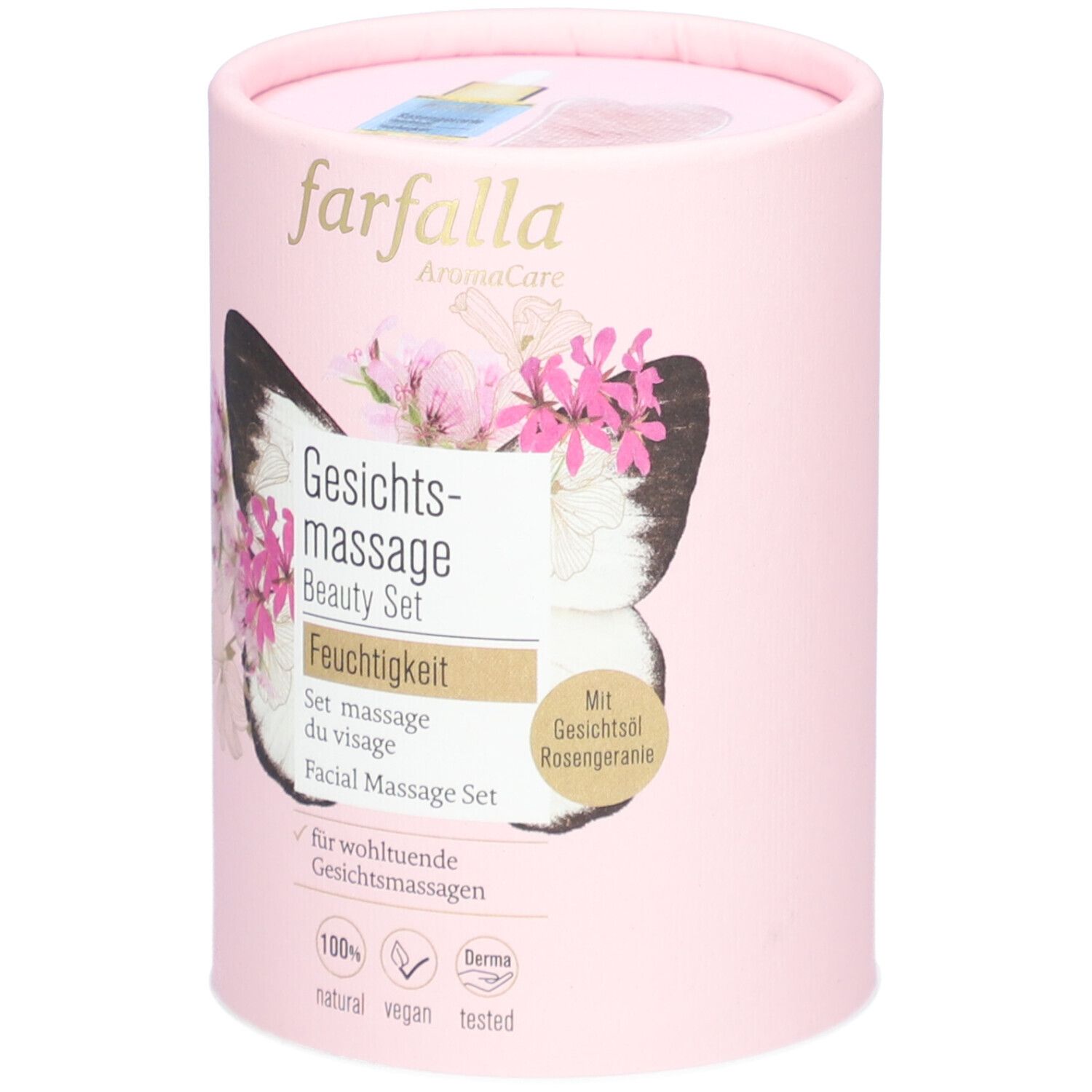 Roze cilindrische verpakking. Opschrift: Farfalla AromaCare, Beauty Set, Vochtigheid. Vlinder- en bloemmotief.
