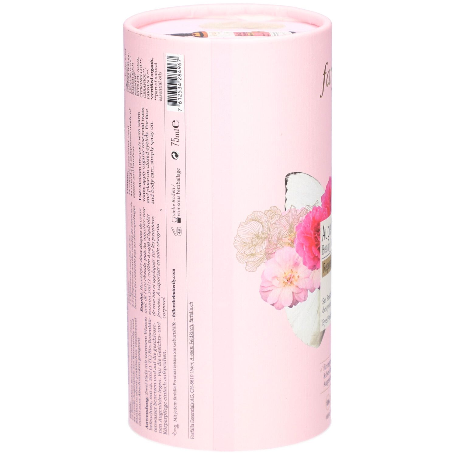 Emballage cylindrique rose. Inscription: 75ml. Texte en plusieurs langues. Code-barres.