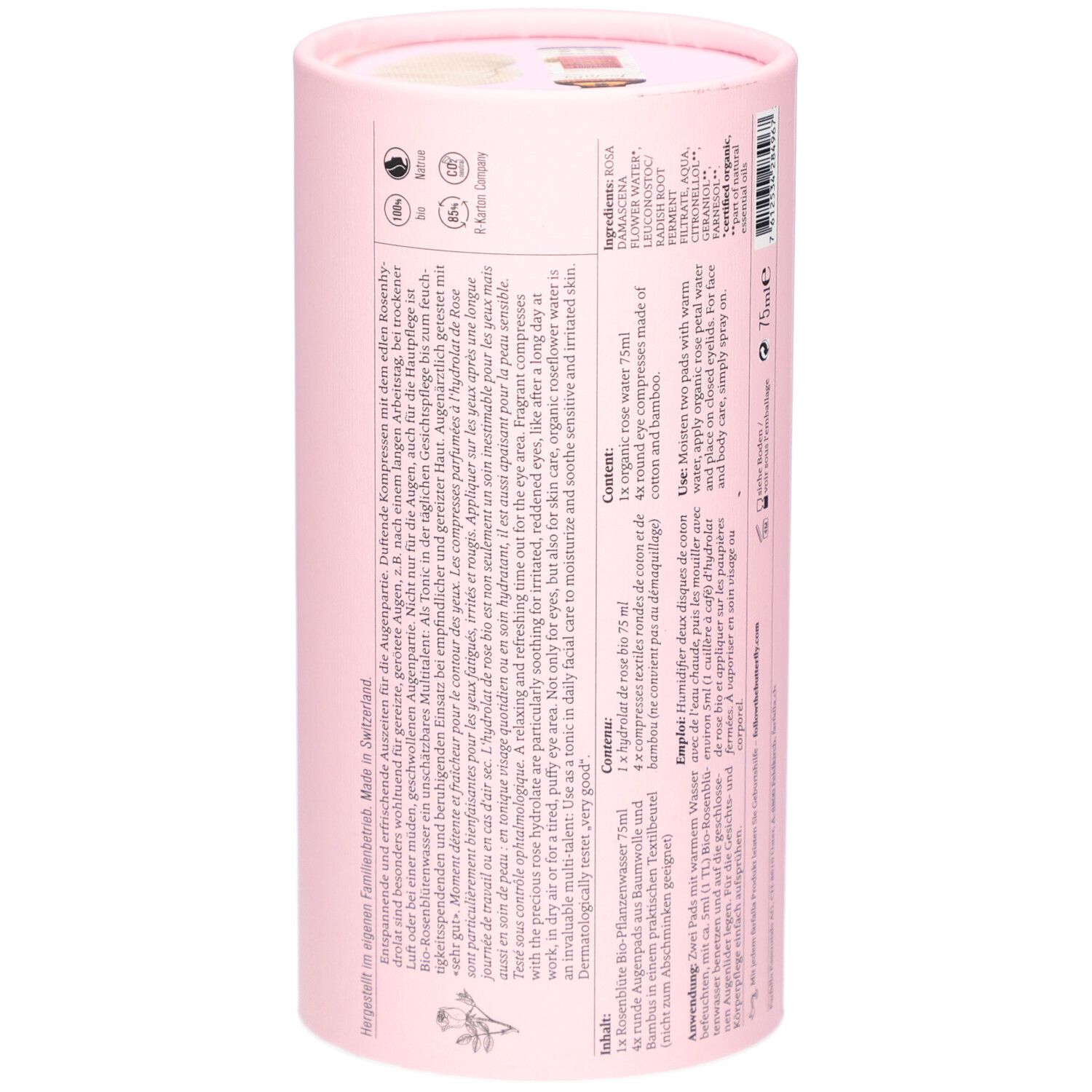 Emballage cylindrique rose. Texte en plusieurs langues. Ingrédients et instructions d'utilisation.