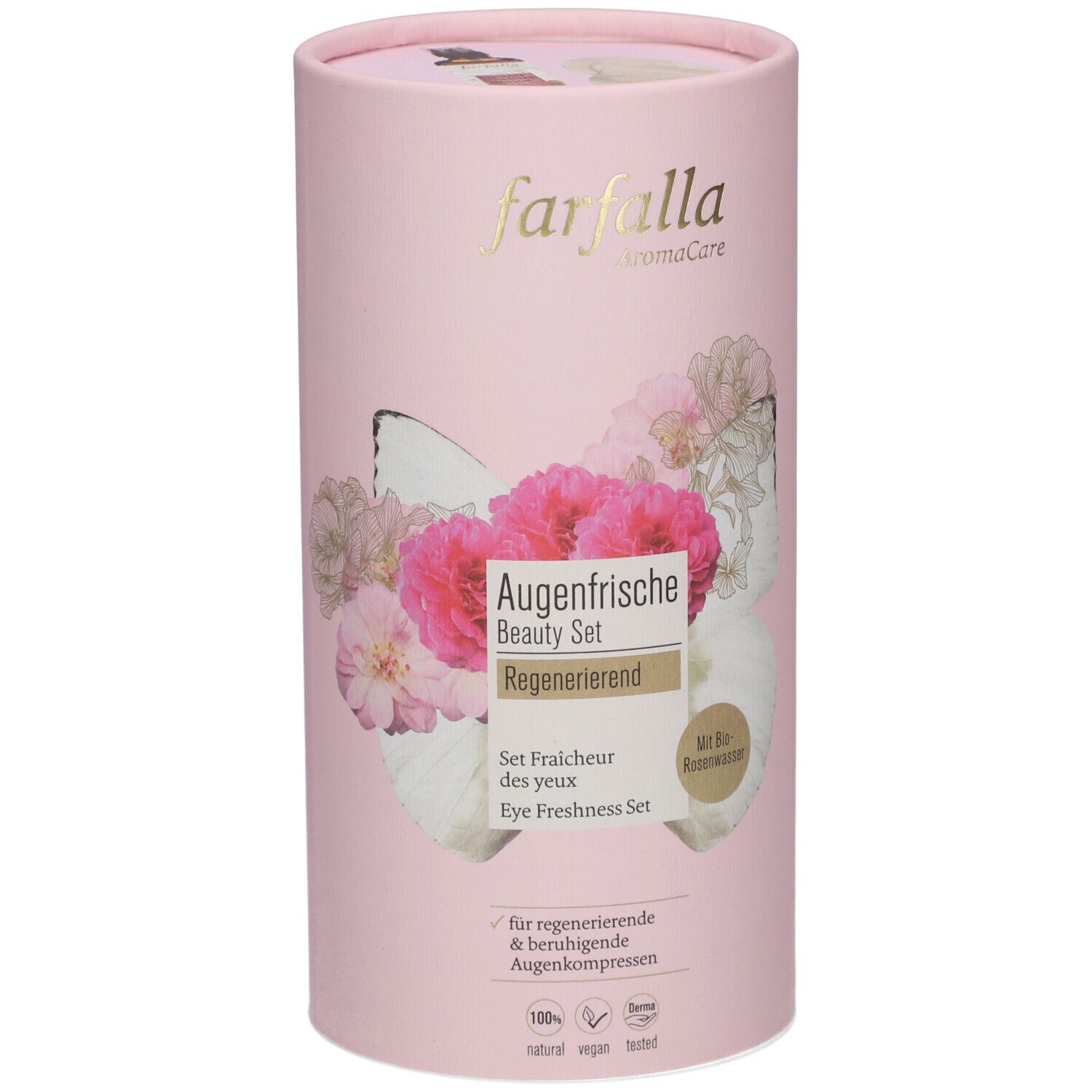 Emballage cylindrique rose. Inscription: Farfalla, Augenfrische Beauty Set, Régénérant. Illustrations florales.