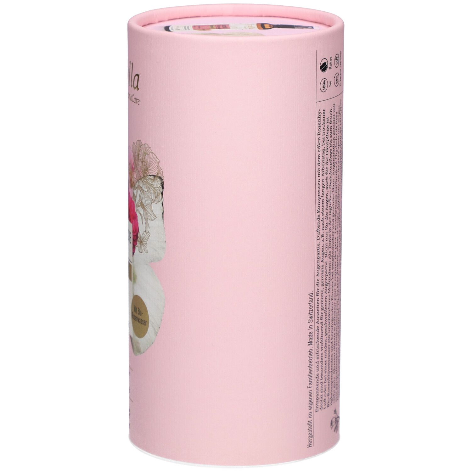 Emballage cylindrique rose. Texte en plusieurs langues. Inscription: Fabriqué en Suisse.