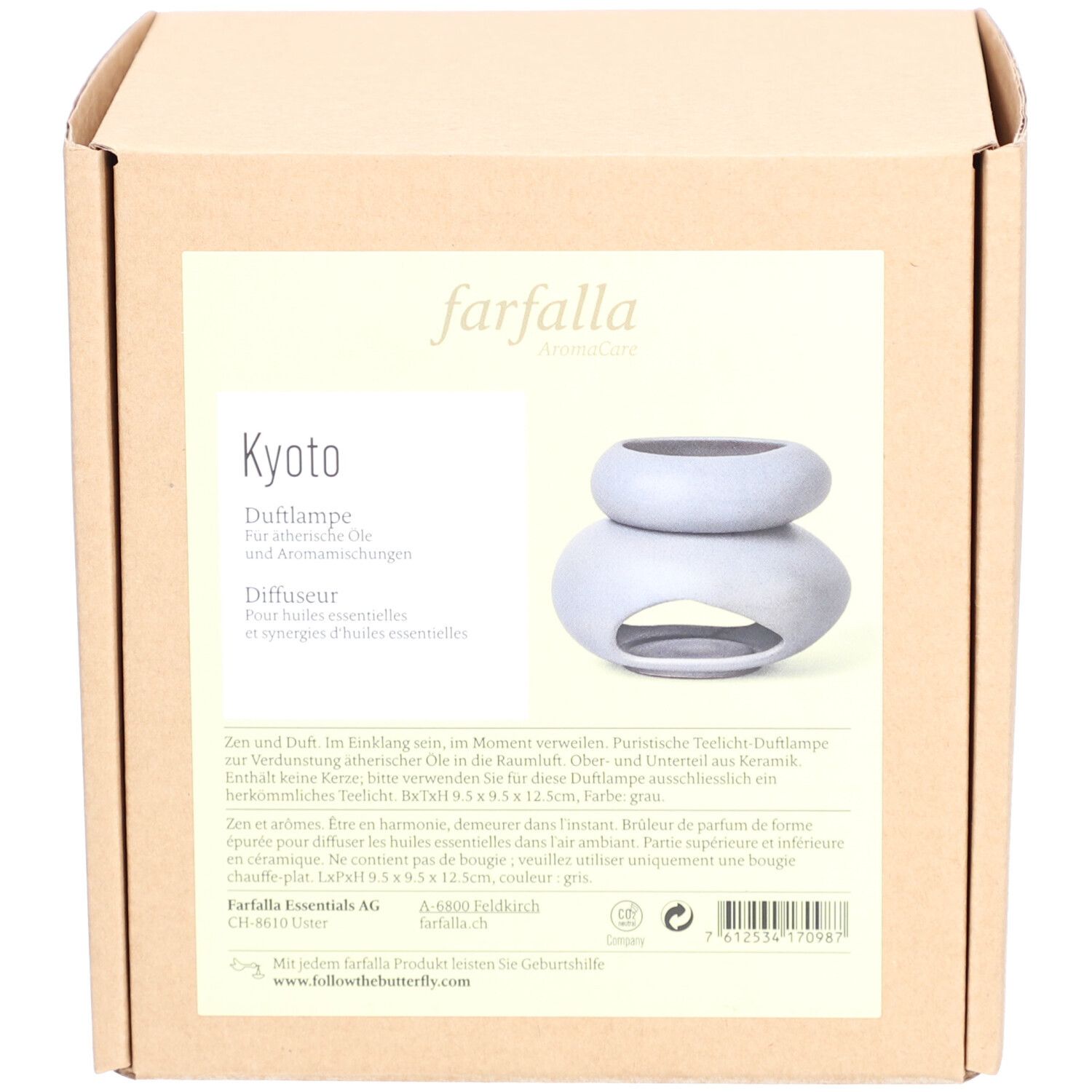 Diffuseur Kyoto gris en céramique dans son emballage en carton. Logo Farfalla et nom du produit Kyoto. Texte en allemand et français.