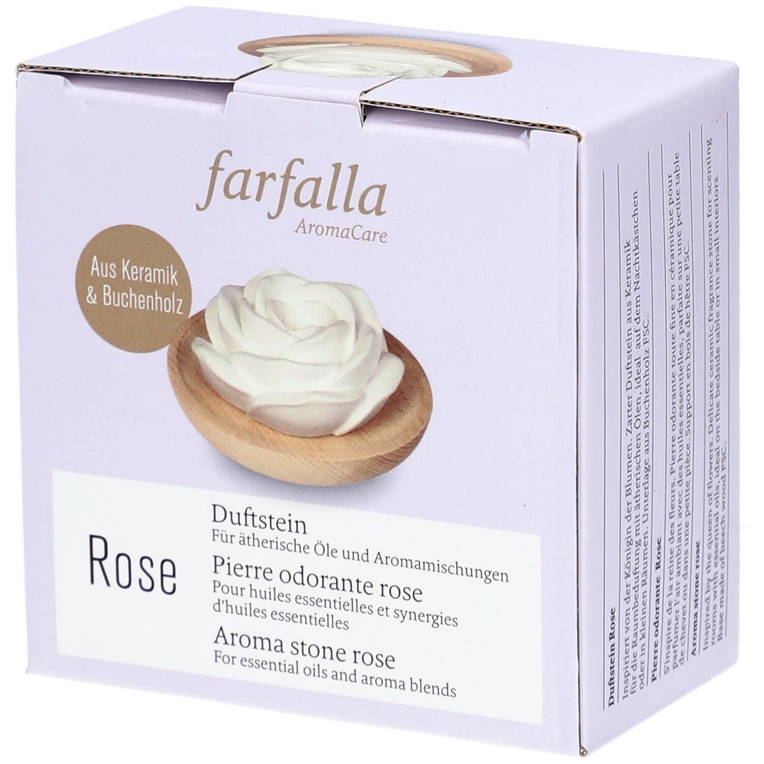 Boîte Farfalla AromaCare Pierre Odorante Rose. Fleur de rose en céramique dans un bol en bois. Texte: Pierre odorante, Rose, pour huiles essentielles.