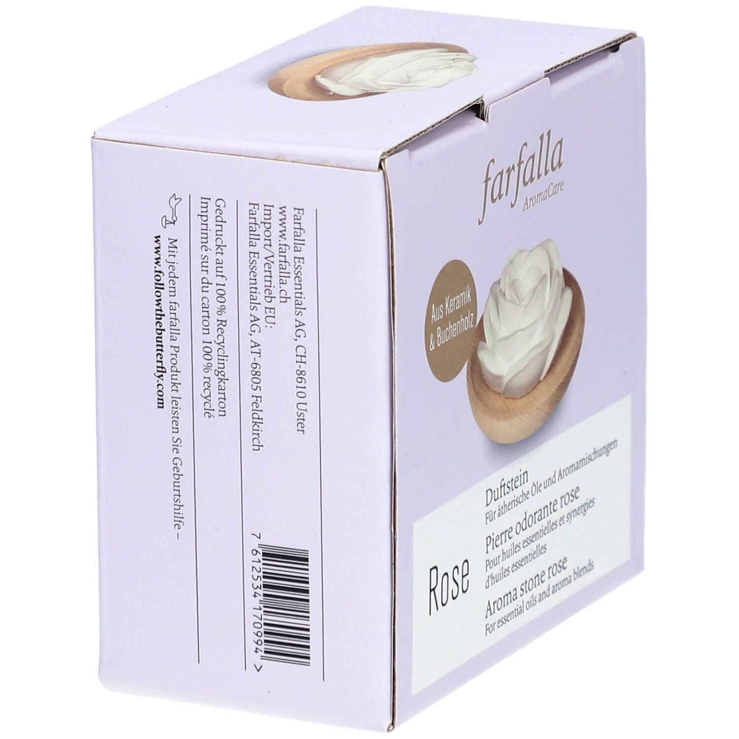 Zijaanzicht van de verpakking. Product: Geursteen Rose. Tekst: Farfalla AromaCare, Van keramiek en beukenhout, importeuradres, recyclinglogo.