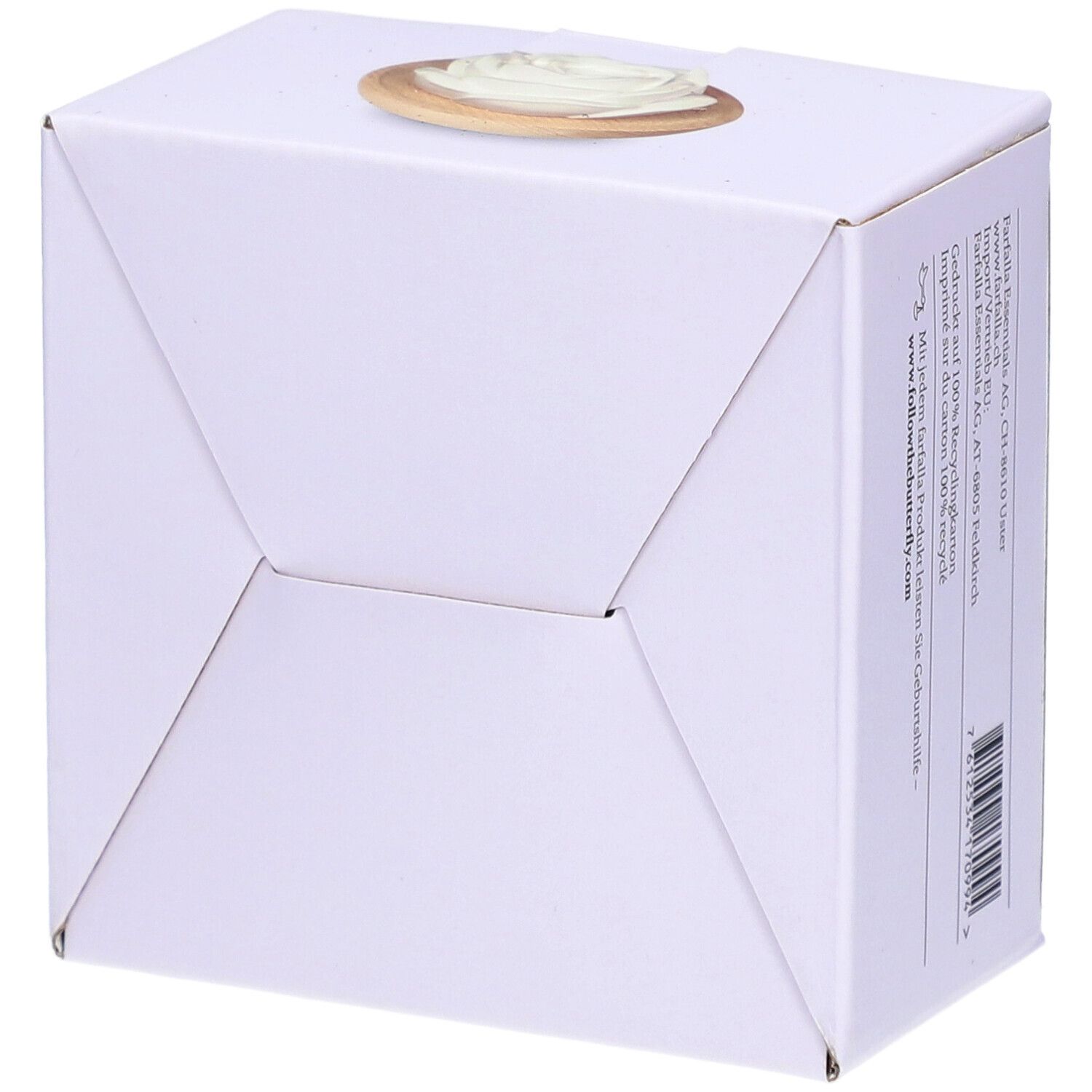 Vue de dessous de la boîte Farfalla AromaCare Pierre Odorante Rose. Carton blanc avec lignes de pliage et code-barres.
