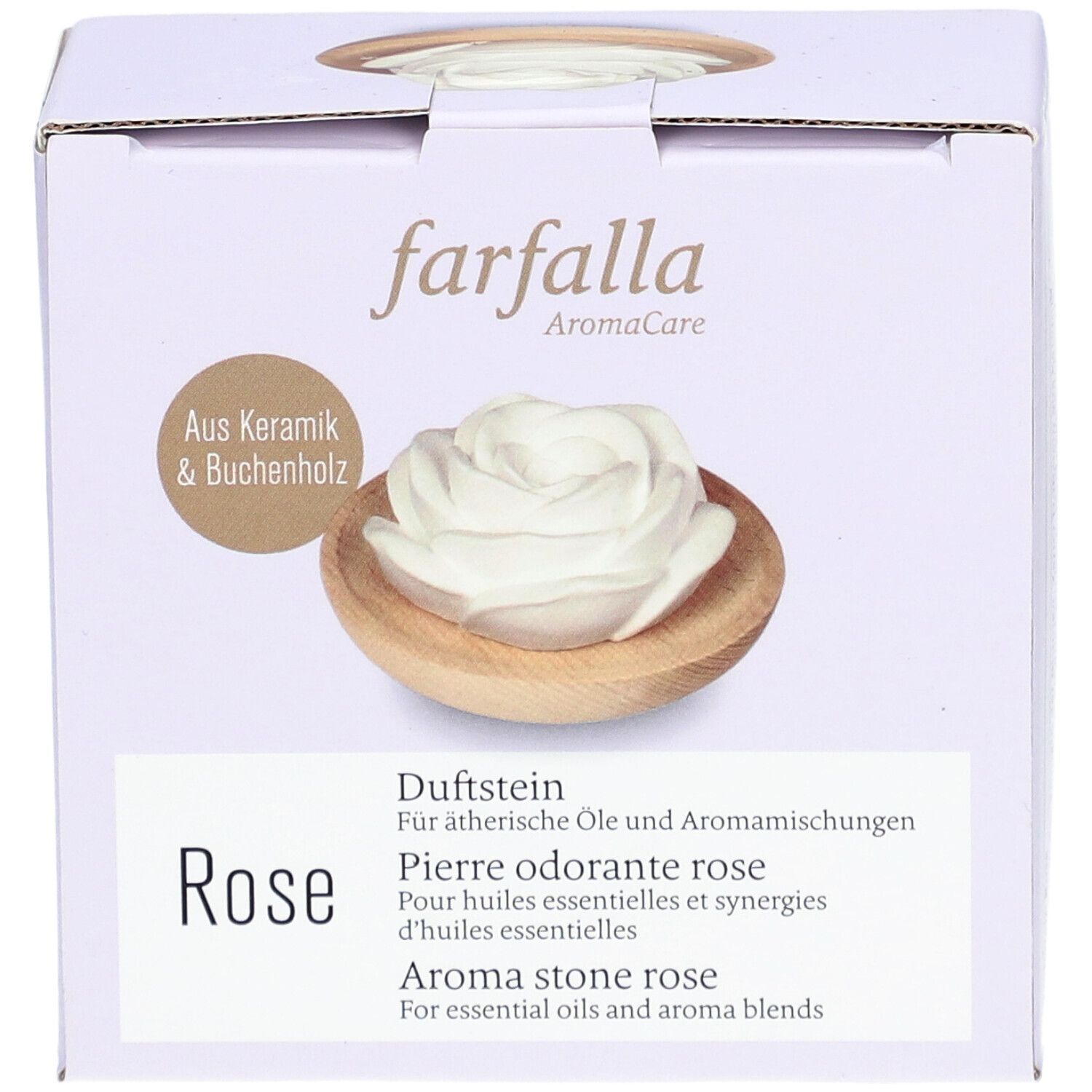 Boîte Farfalla AromaCare Pierre Odorante Rose. Fleur de rose en céramique dans un bol en bois. Texte: Pierre odorante, Rose, pour huiles essentielles.