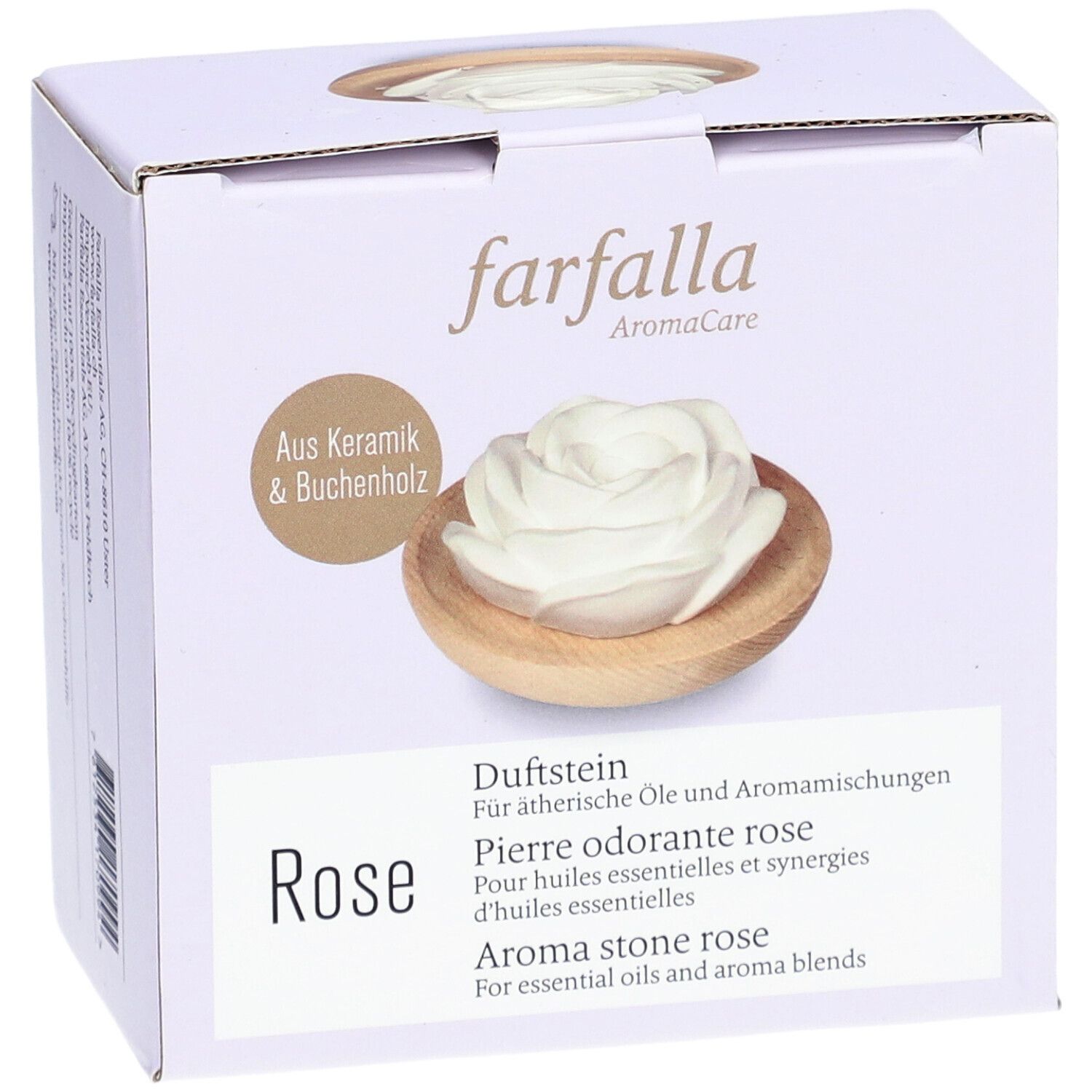 Boîte Farfalla AromaCare Pierre Odorante Rose. Fleur de rose en céramique dans un bol en bois. Texte: Pierre odorante, Rose, pour huiles essentielles.
