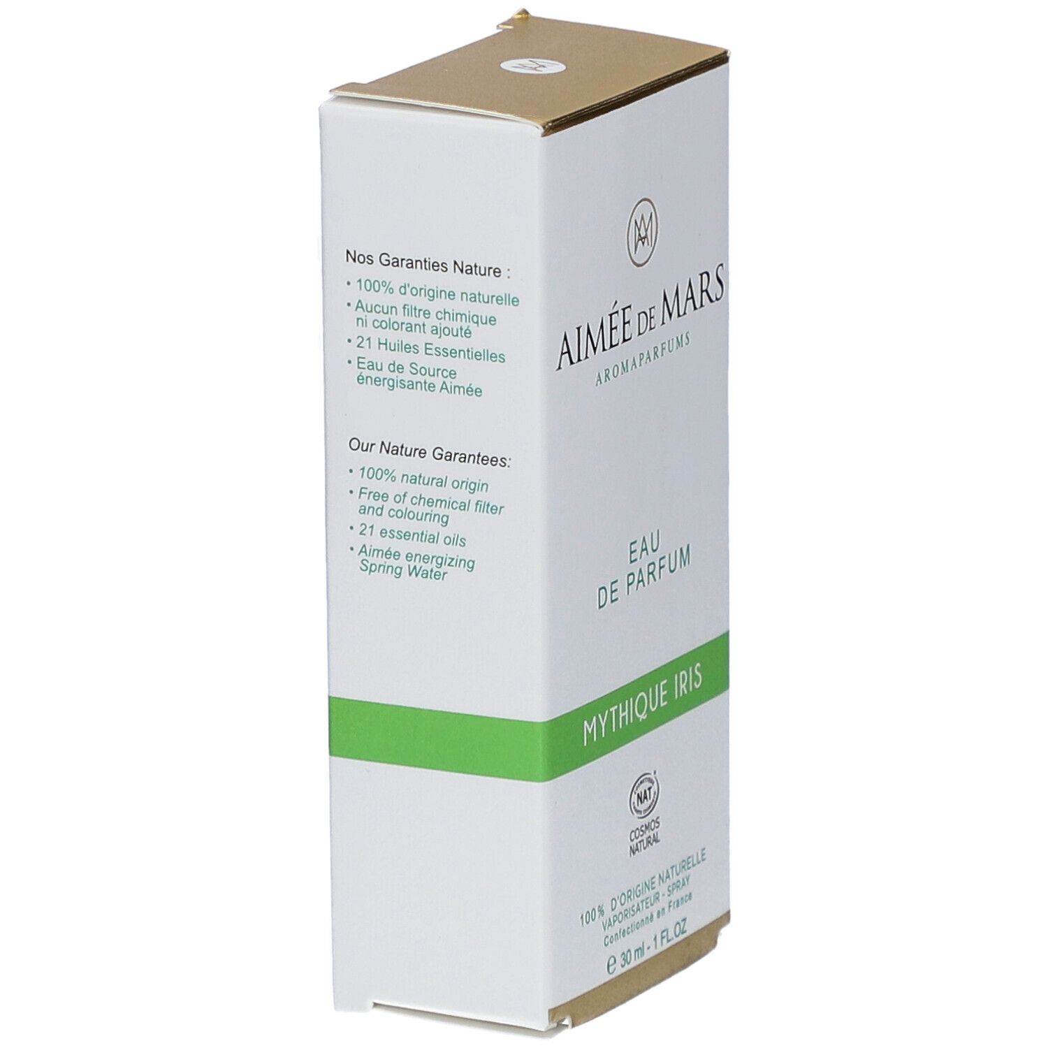 Witte doos met groene accenten. Opschrift: Aimée de Mars, Eau de Parfum Mythique Iris. NAT-certificering.