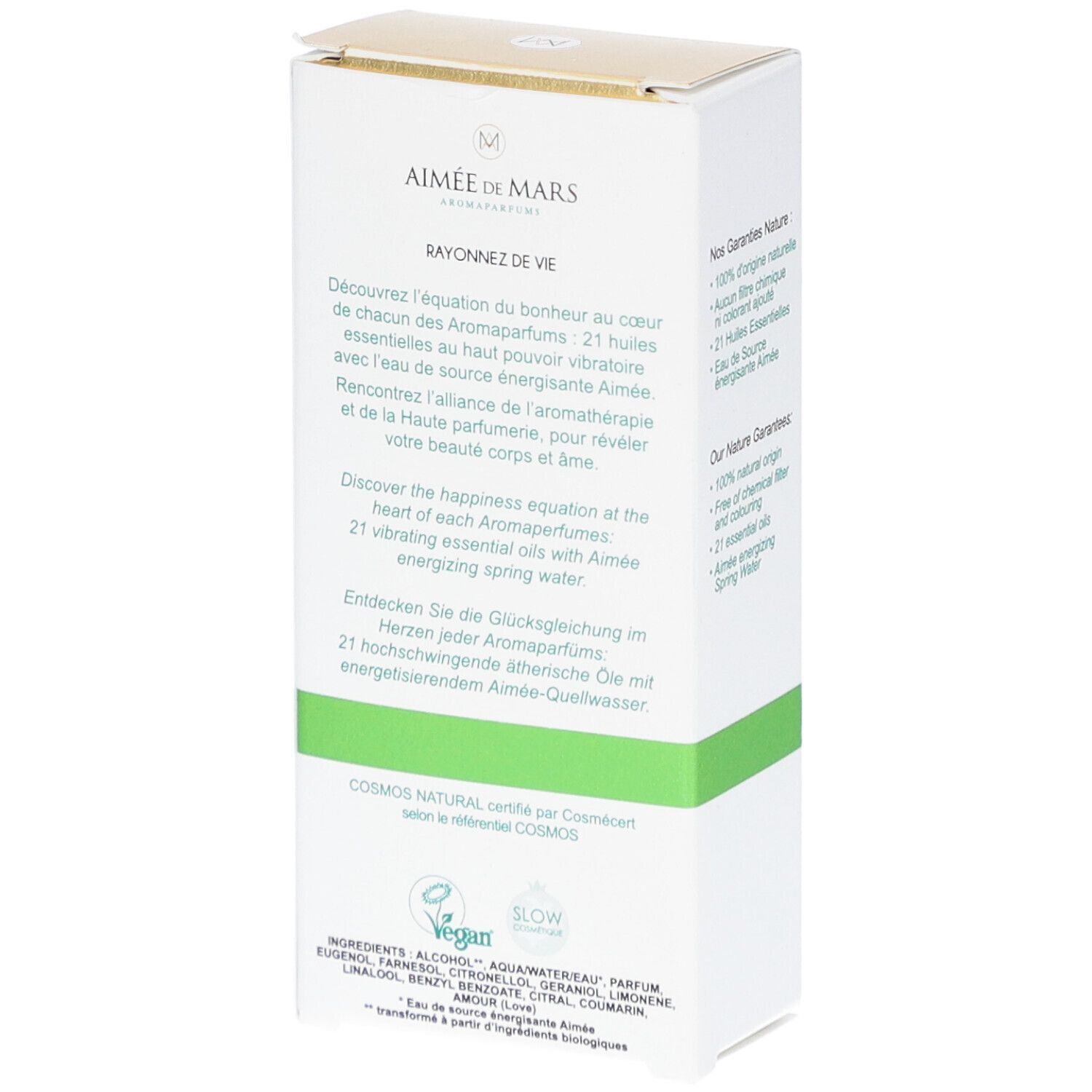 Witte doos met tekst. Opschrift: Aimée de Mars. Tekst over ingrediënten en COSMOS NATURAL certificering.