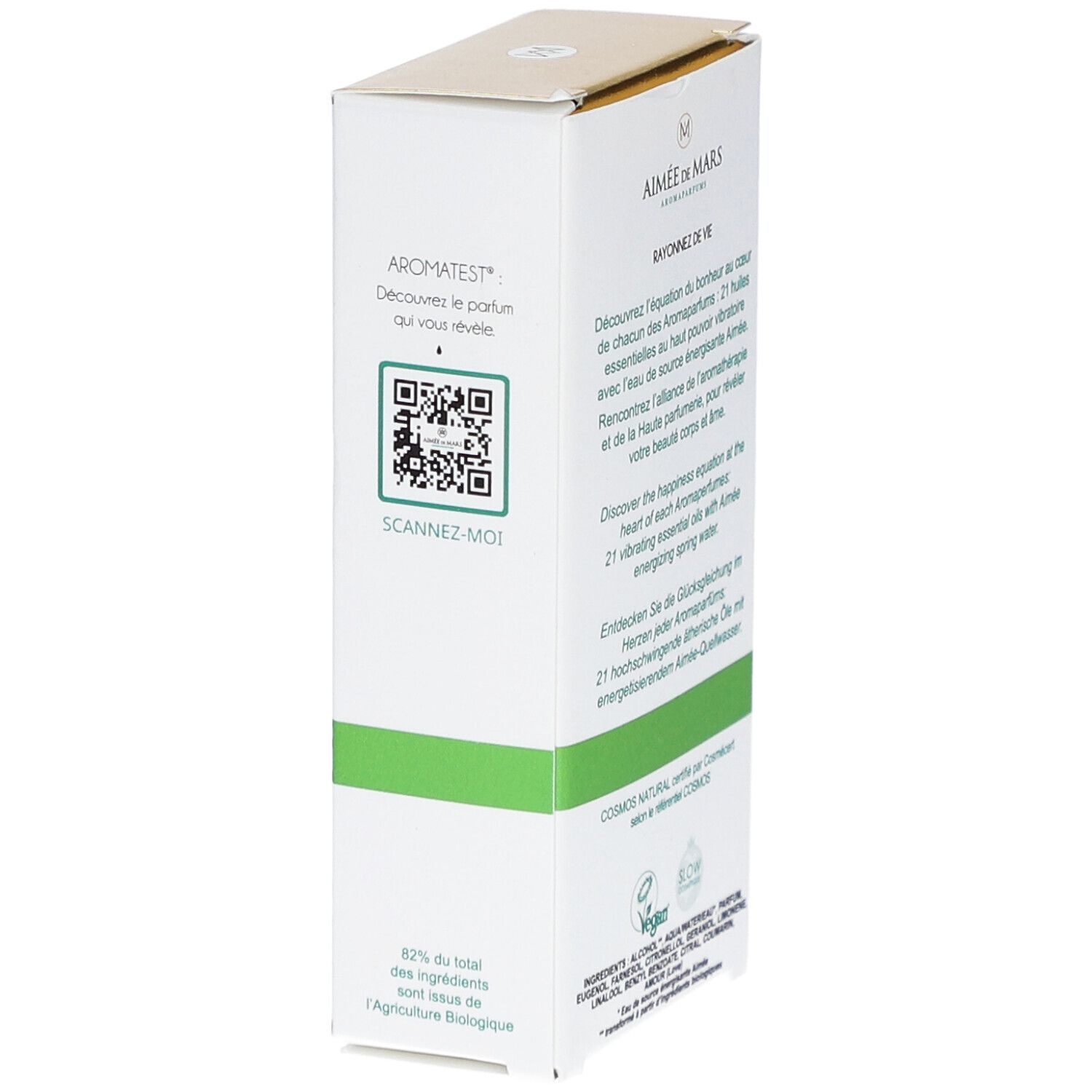 Witte doos met QR-code. Opschrift: Aimée de Mars. Tekst over ingrediënten en COSMOS NATURAL certificering.