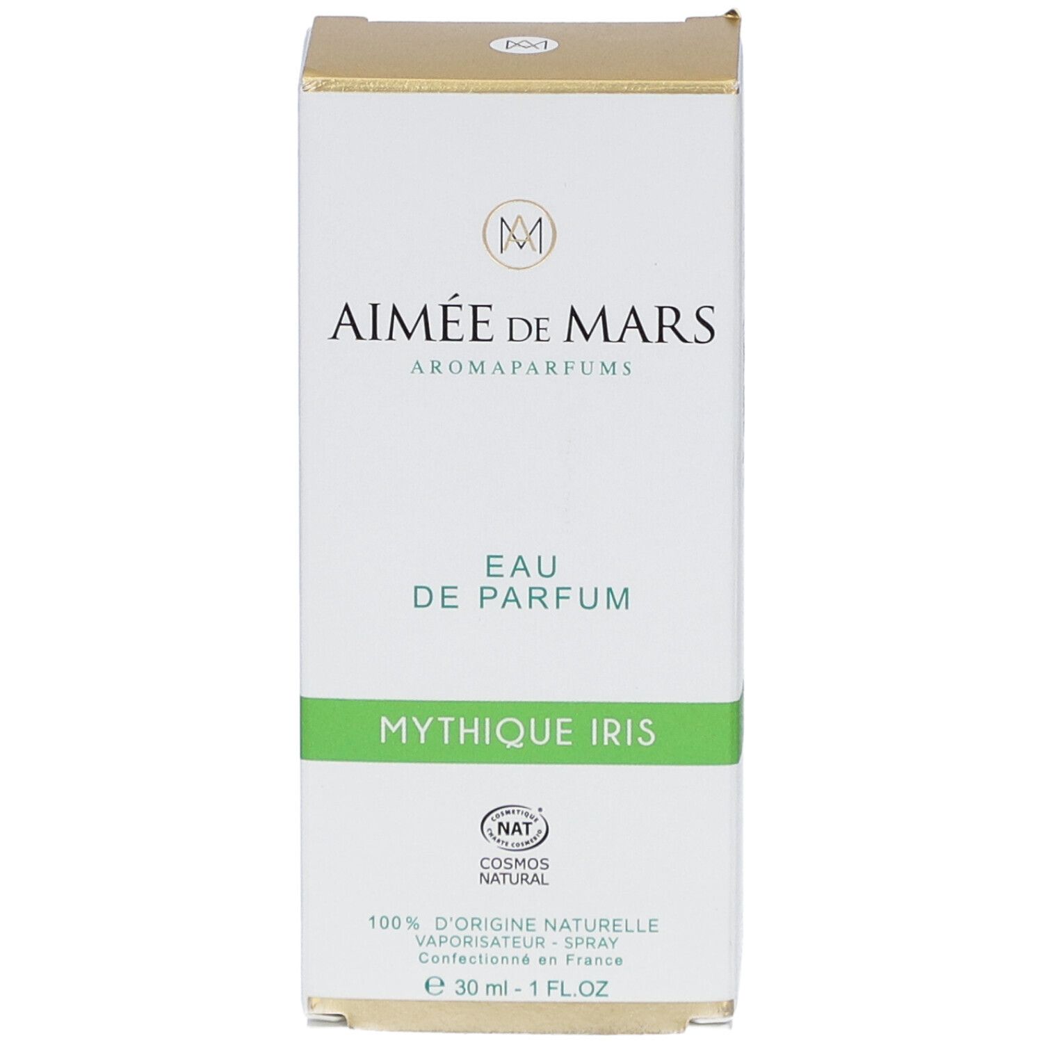 Witte doos. Opschrift: Aimée de Mars, Eau de Parfum Mythique Iris. NAT-certificering. 30 ml.