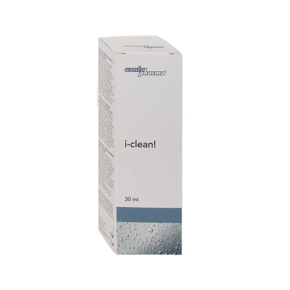 Doos van contopharma® i-clean!. Wit, met blauwe lijn en productnaam. 30 ml.
