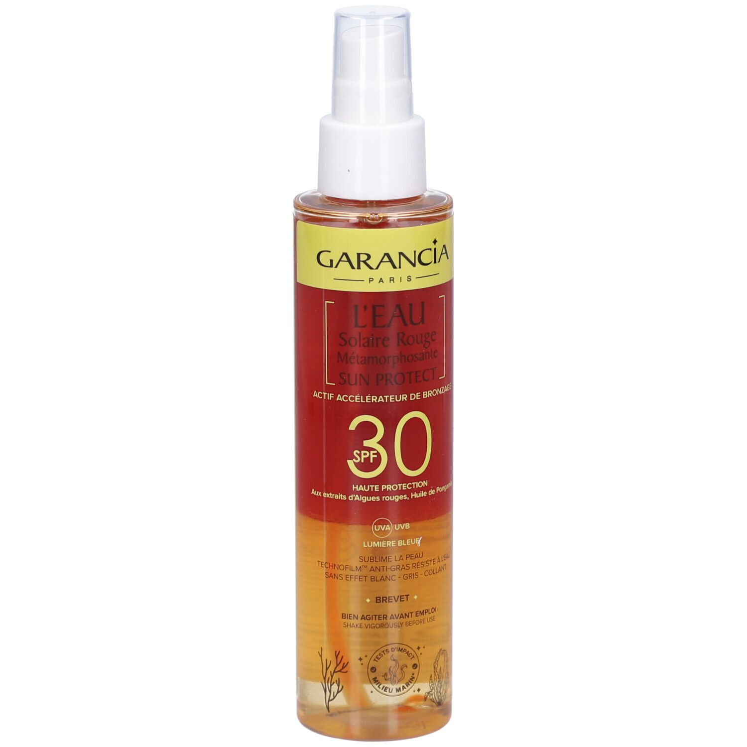 GARANCIA L'Eau Solaire Rouge Métamorphosante Sun Protect SPF30. Sprayfles. Rode en gele etiketten. Zichtbare productinformatie.