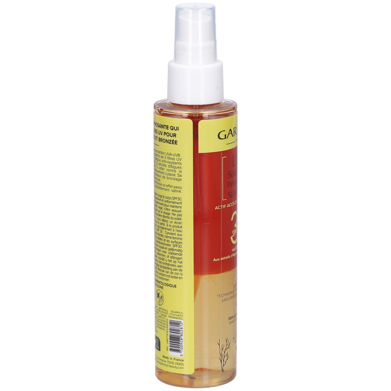 GARANCIA L'Eau Solaire Rouge Métamorphosante Sun Protect SPF30. Achteraanzicht fles. Geel etiket met tekst. Productinformatie.