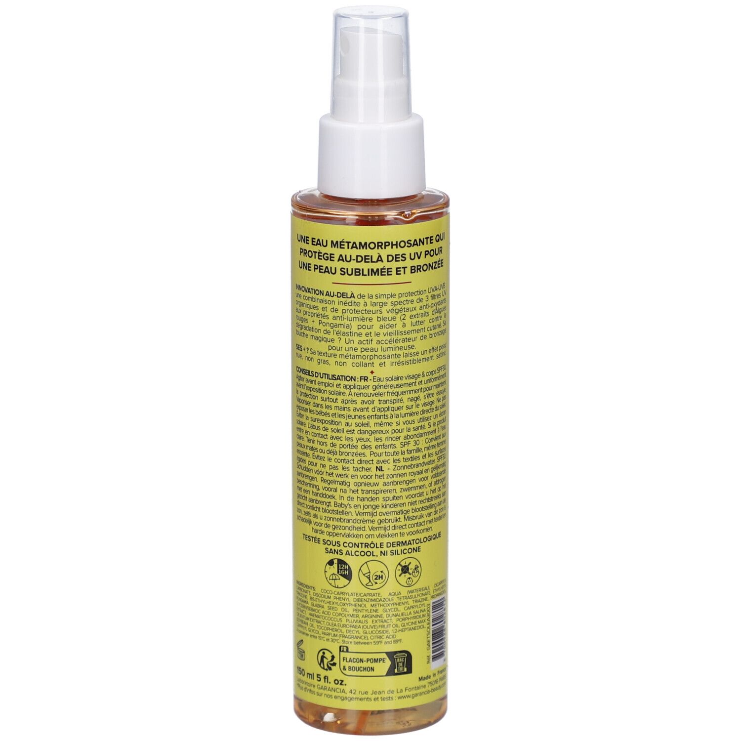 GARANCIA L'Eau Solaire Rouge Métamorphosante Sun Protect SPF30. Achteraanzicht fles. Geel etiket met tekst en logo's. Productinformatie.