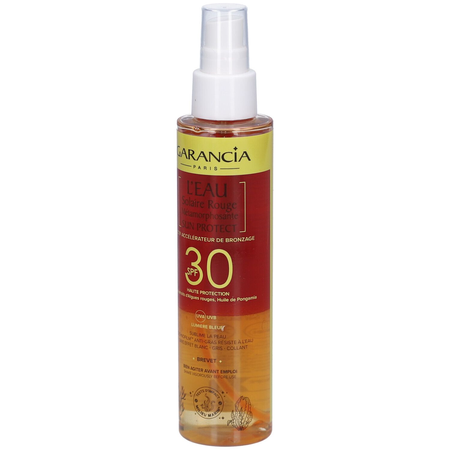 GARANCIA L'Eau Solaire Rouge Métamorphosante Sun Protect SPF30. Sprayfles. Rode en gele etiketten. Zichtbare productinformatie.