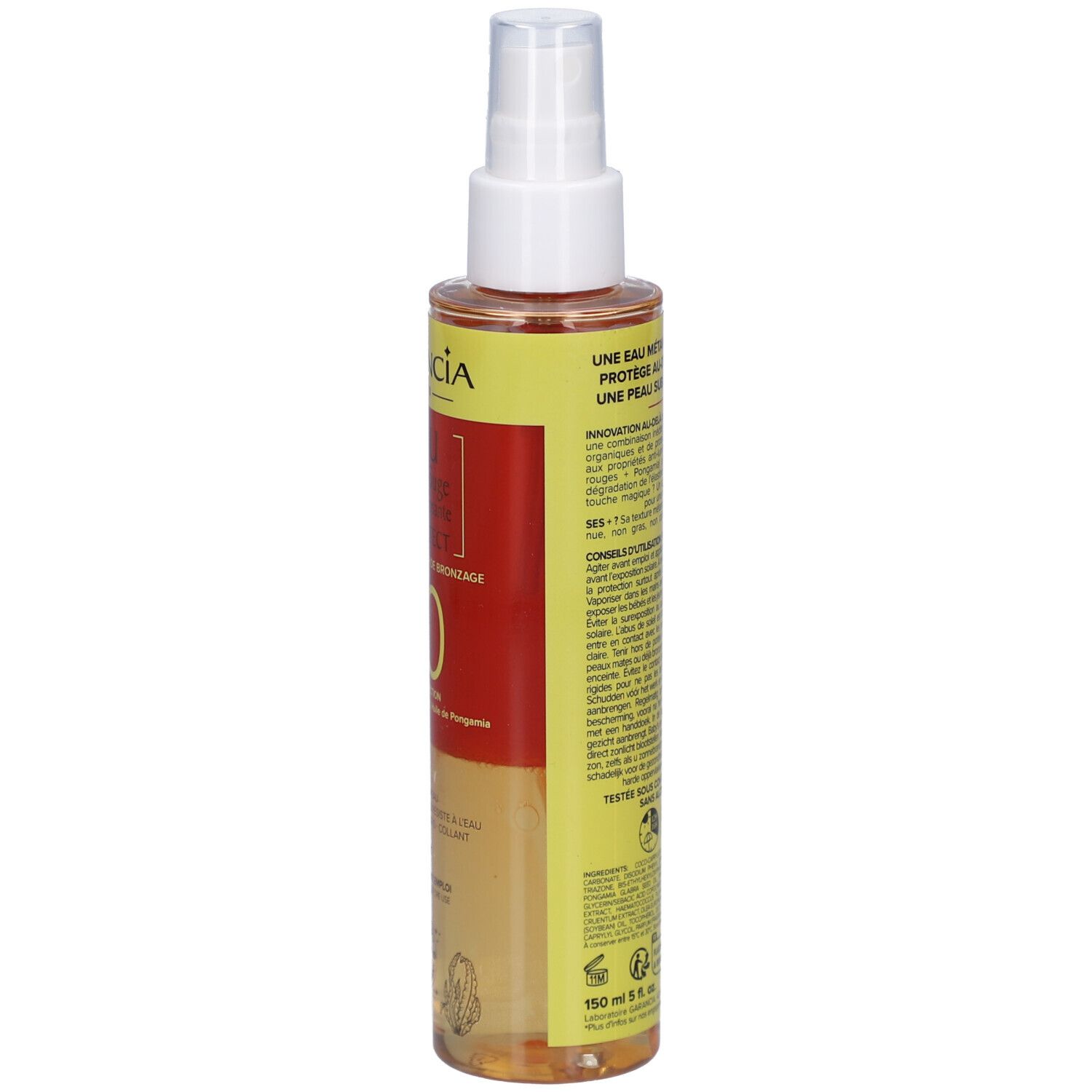 GARANCIA L'Eau Solaire Rouge Métamorphosante Sun Protect SPF30. Achteraanzicht fles. Geel etiket met tekst. Productinformatie.
