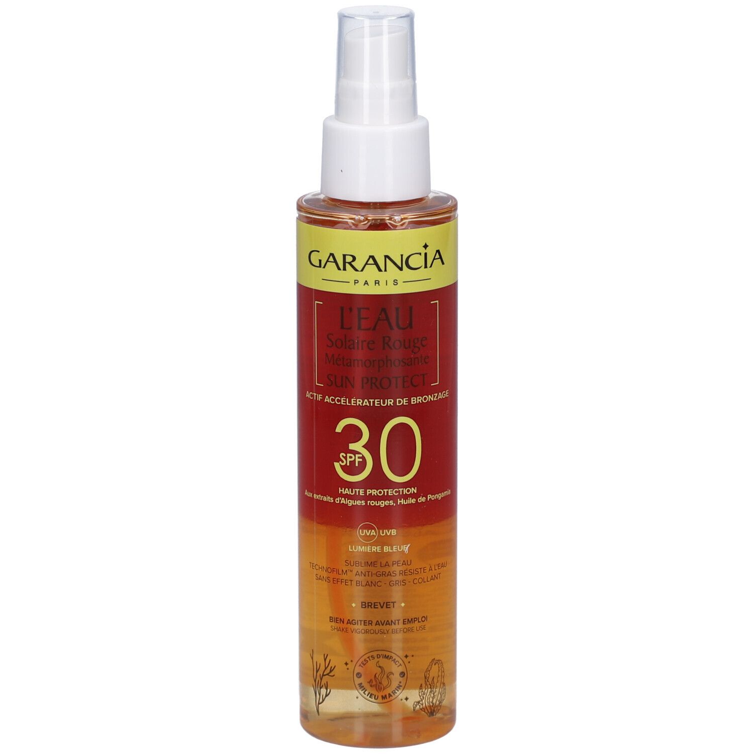 GARANCIA L'Eau Solaire Rouge Métamorphosante Sun Protect SPF30. Sprayfles. Rode en gele etiketten. Zichtbare productinformatie.