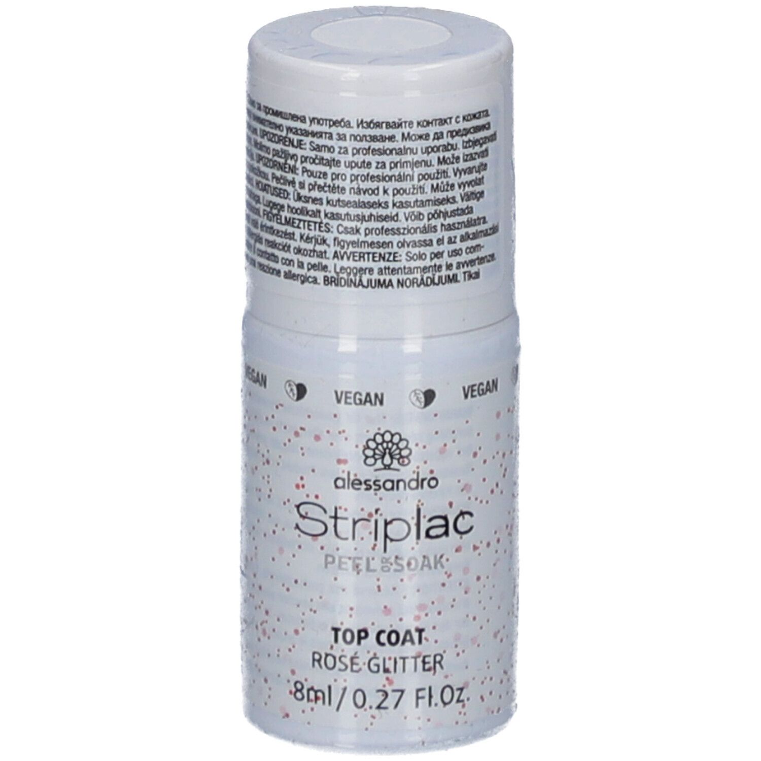 Witte fles met roze glitter. Opschrift: alessandro Striplac Top Coat Rosé Glitter. Vegan zegel. 8ml/0.27 Fl.oz.
