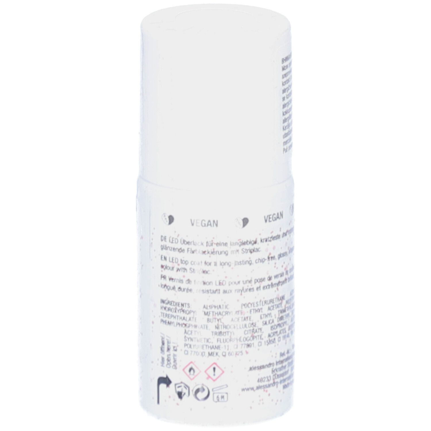 Witte fles met roze glitter. Opschrift: alessandro Striplac Top Coat Rosé Glitter. Vegan zegel. Waarschuwingen en ingrediënten.