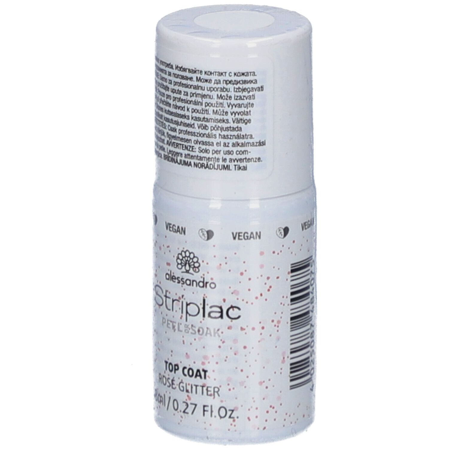 Witte fles met roze glitter. Opschrift: alessandro Striplac Top Coat Rosé Glitter. Vegan zegel. 8ml/0.27 Fl.oz.