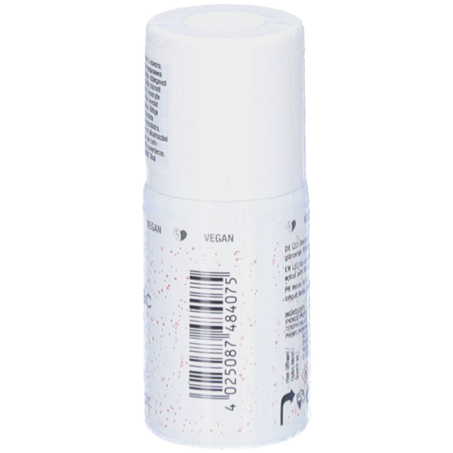 Witte fles met roze glitter. Opschrift: alessandro Striplac Top Coat Rosé Glitter. Vegan zegel. Streepjescode.