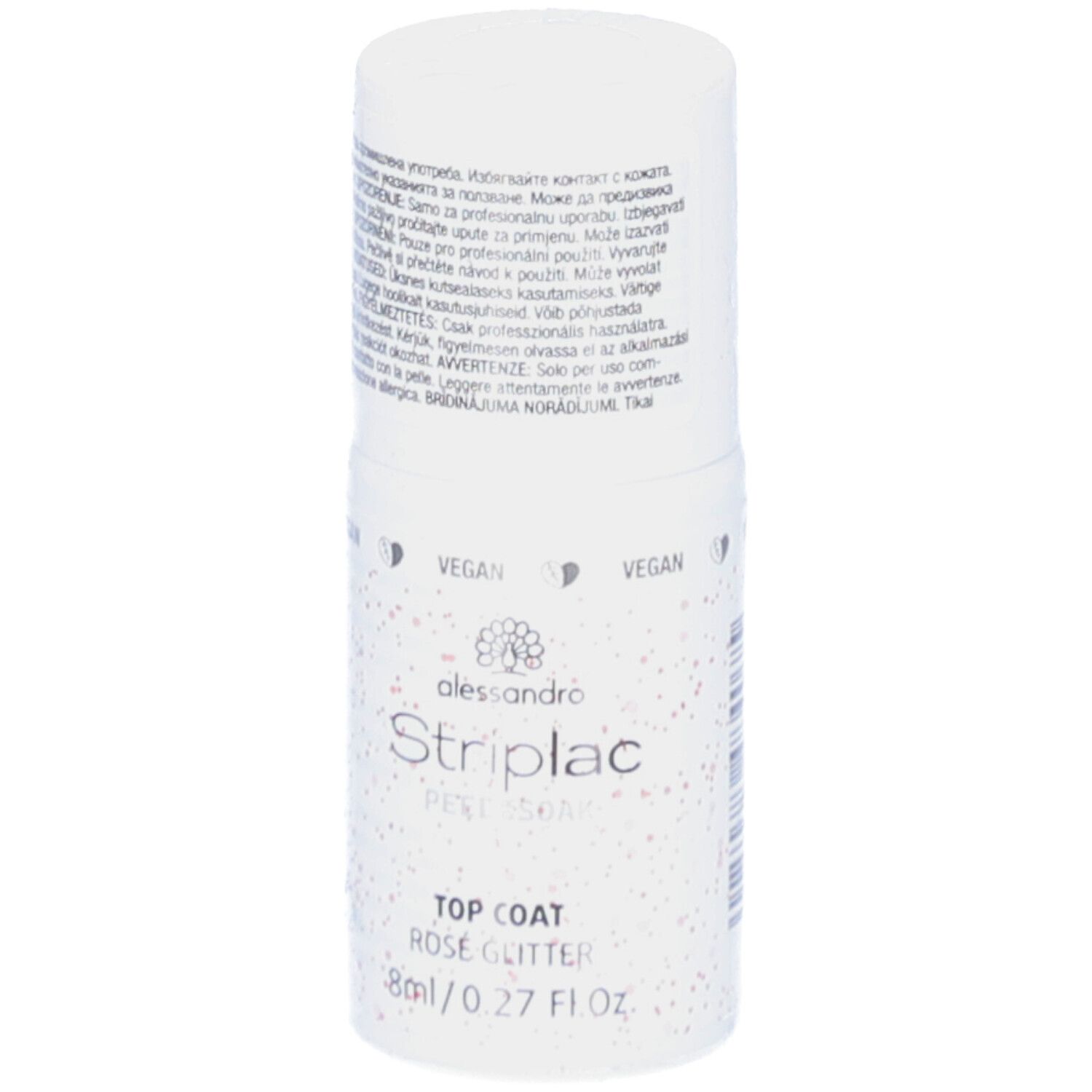 Witte fles met roze glitter. Opschrift: alessandro Striplac Top Coat Rosé Glitter. Vegan zegel. 8ml/0.27 Fl.oz.