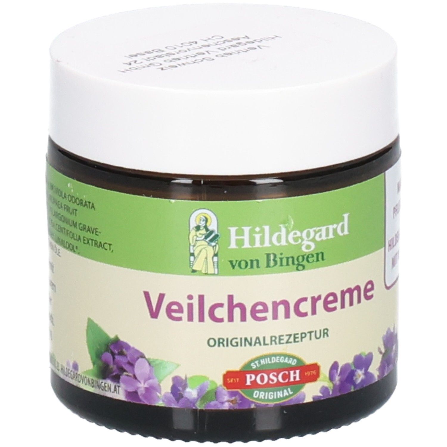 Pot en verre brun avec couvercle blanc. Inscription: Hildegard von Bingen Veilchencreme. Originalrezeptur. POSCH Original.