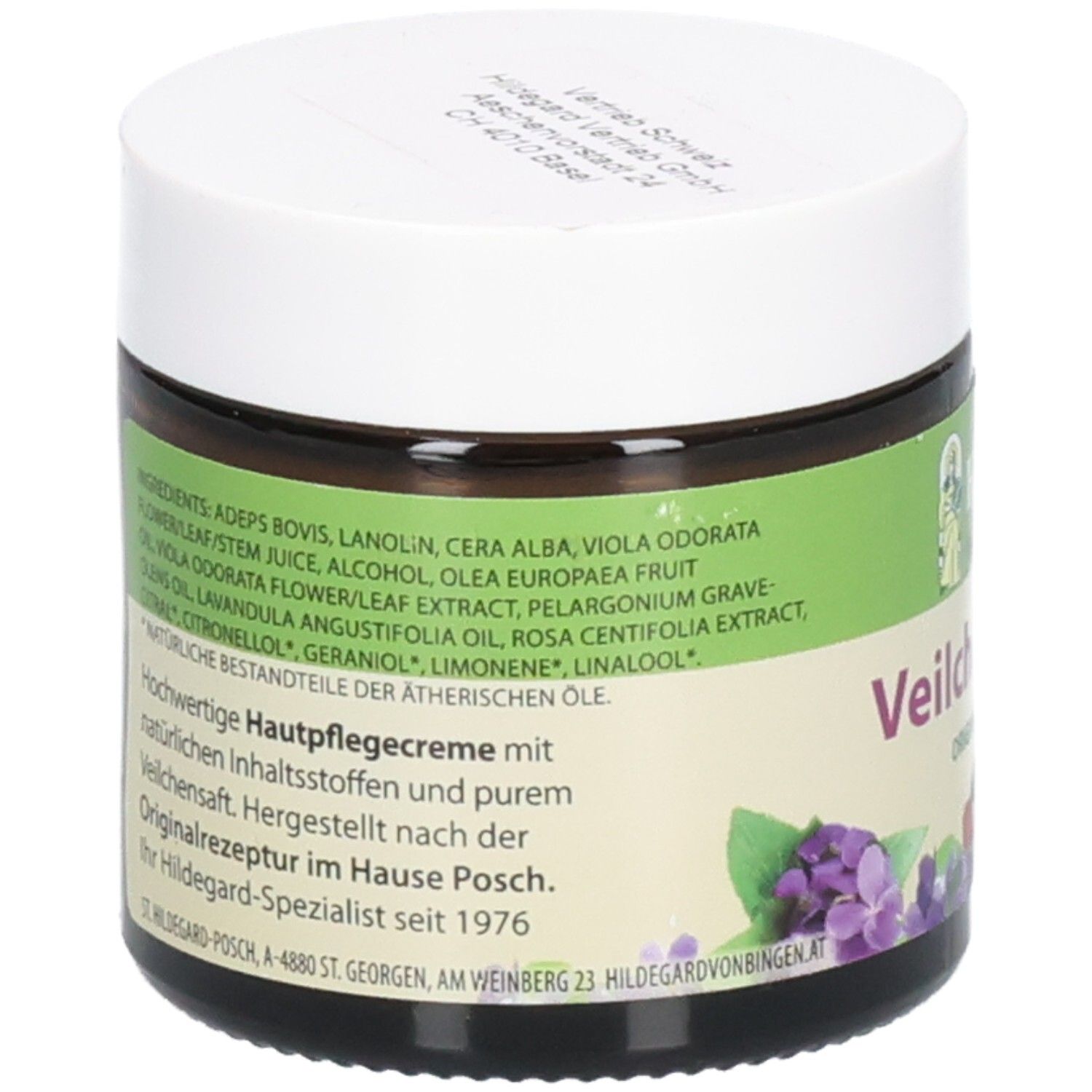 Pot en verre brun avec couvercle blanc. Inscription: Ingrédients. Texte: Crème de soin de haute qualité avec ingrédients naturels.