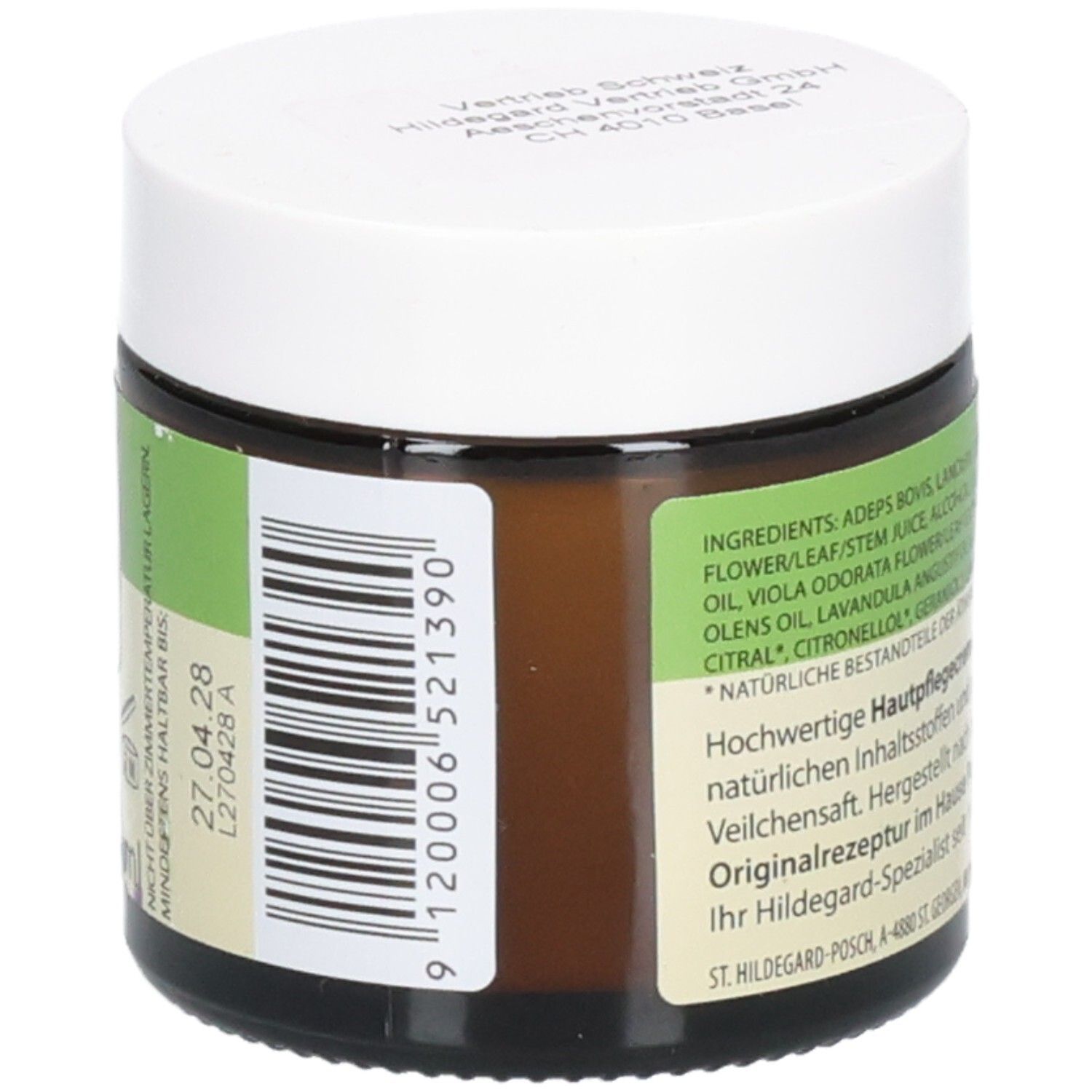 Pot en verre brun avec couvercle blanc. Inscription: Code-barres. Texte: Crème de soin de haute qualité avec ingrédients naturels.