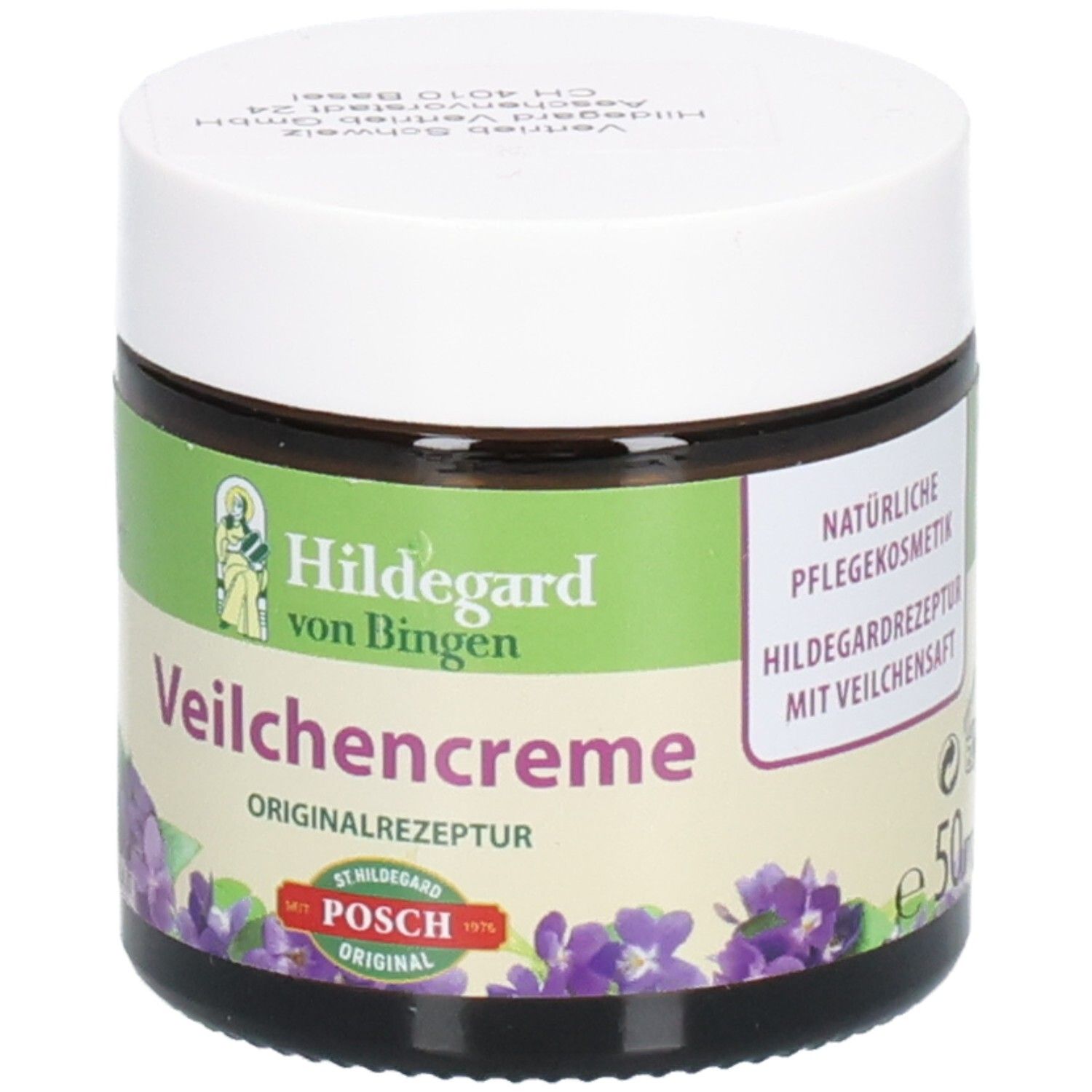 Pot en verre brun avec couvercle blanc. Inscription: Hildegard von Bingen Veilchencreme. Originalrezeptur. POSCH Original. 50ml.