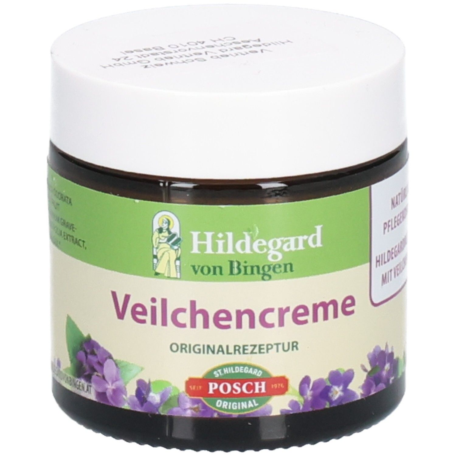 Pot en verre brun avec couvercle blanc. Inscription: Hildegard von Bingen Veilchencreme. Originalrezeptur. POSCH Original.