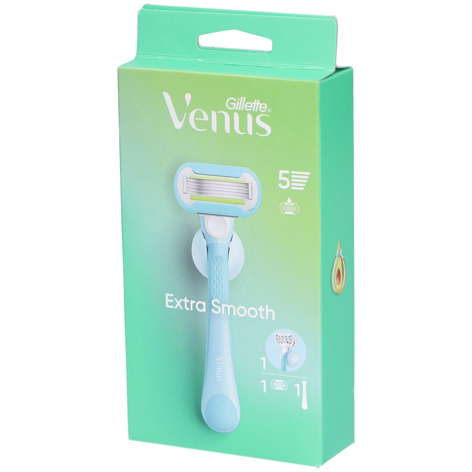 Verpakking met Venus Gillette scheermes. Lichtblauwe handgreep, 5 mesjes. Opschrift: Extra Smooth.