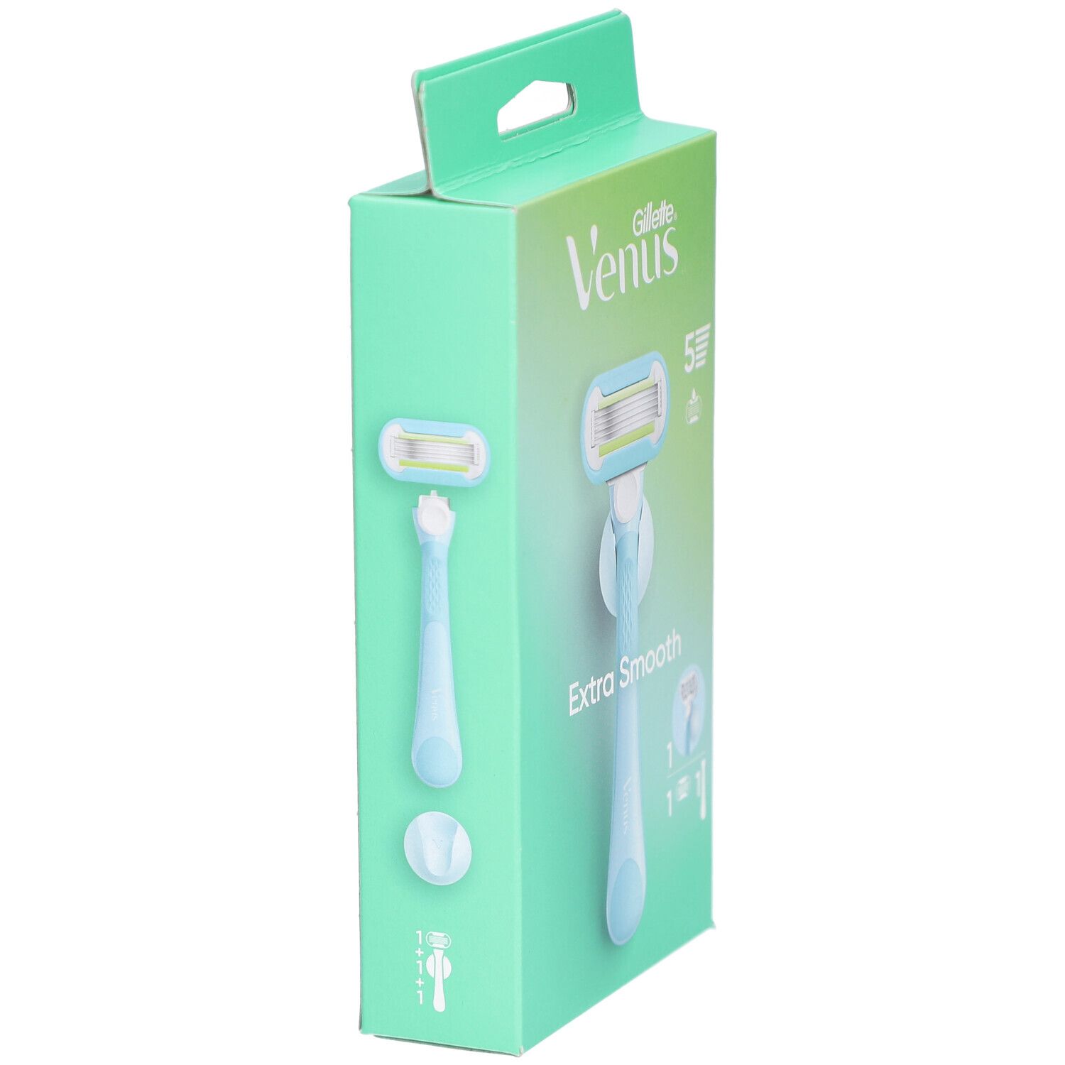 Verpakking met Venus Gillette scheermes. Lichtblauwe handgreep, 5 mesjes. Opschrift: Extra Smooth. Zijaanzicht.
