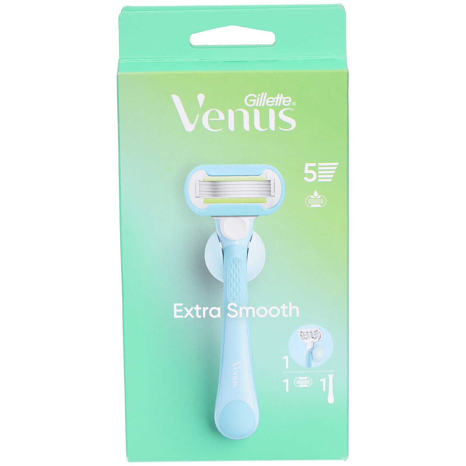 Verpakking met Venus Gillette scheermes. Lichtblauwe handgreep, 5 mesjes. Opschrift: Extra Smooth.