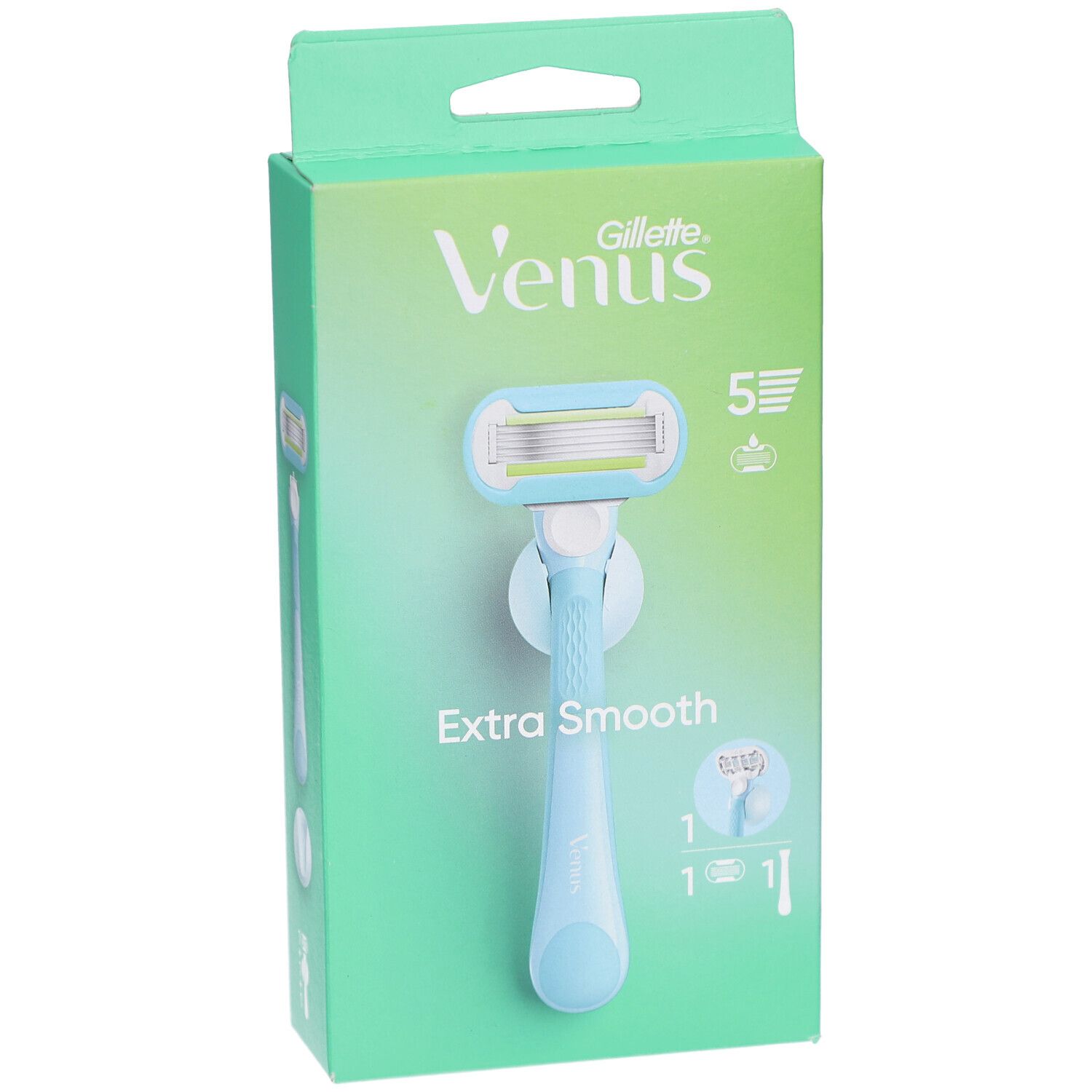 Verpakking met Venus Gillette scheermes. Lichtblauwe handgreep, 5 mesjes. Opschrift: Extra Smooth.