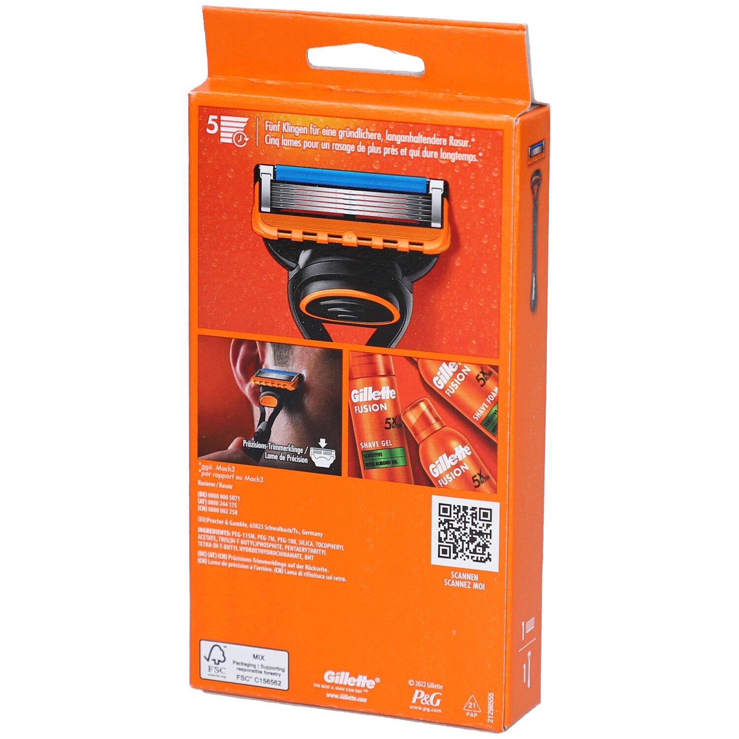 Dos de l'emballage avec images de rasoir et gel à raser. Texte: Gillette Fusion5. Code QR.
