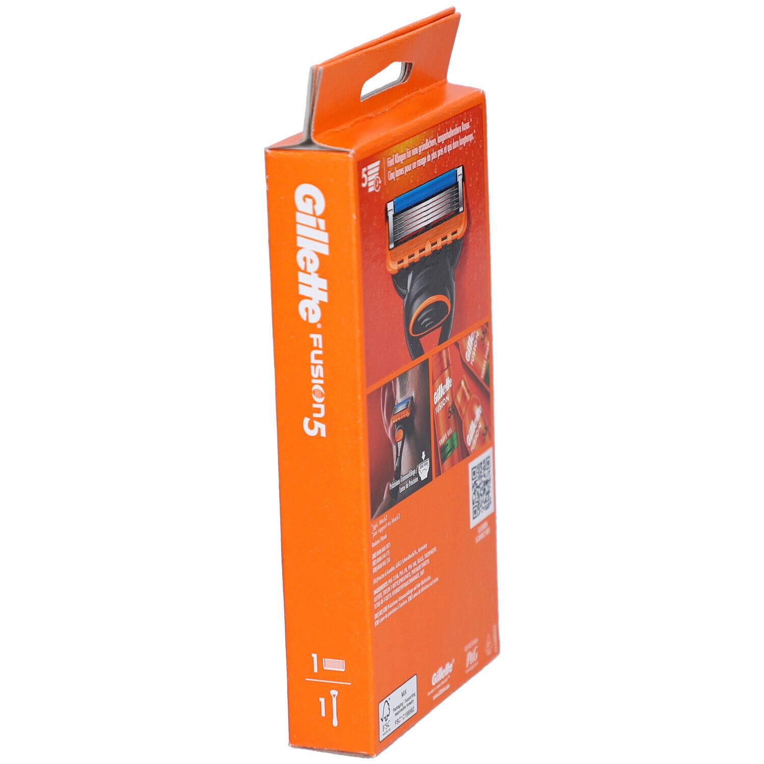 Emballage orange, vue latérale. Texte: Gillette Fusion5. Image du rasoir.