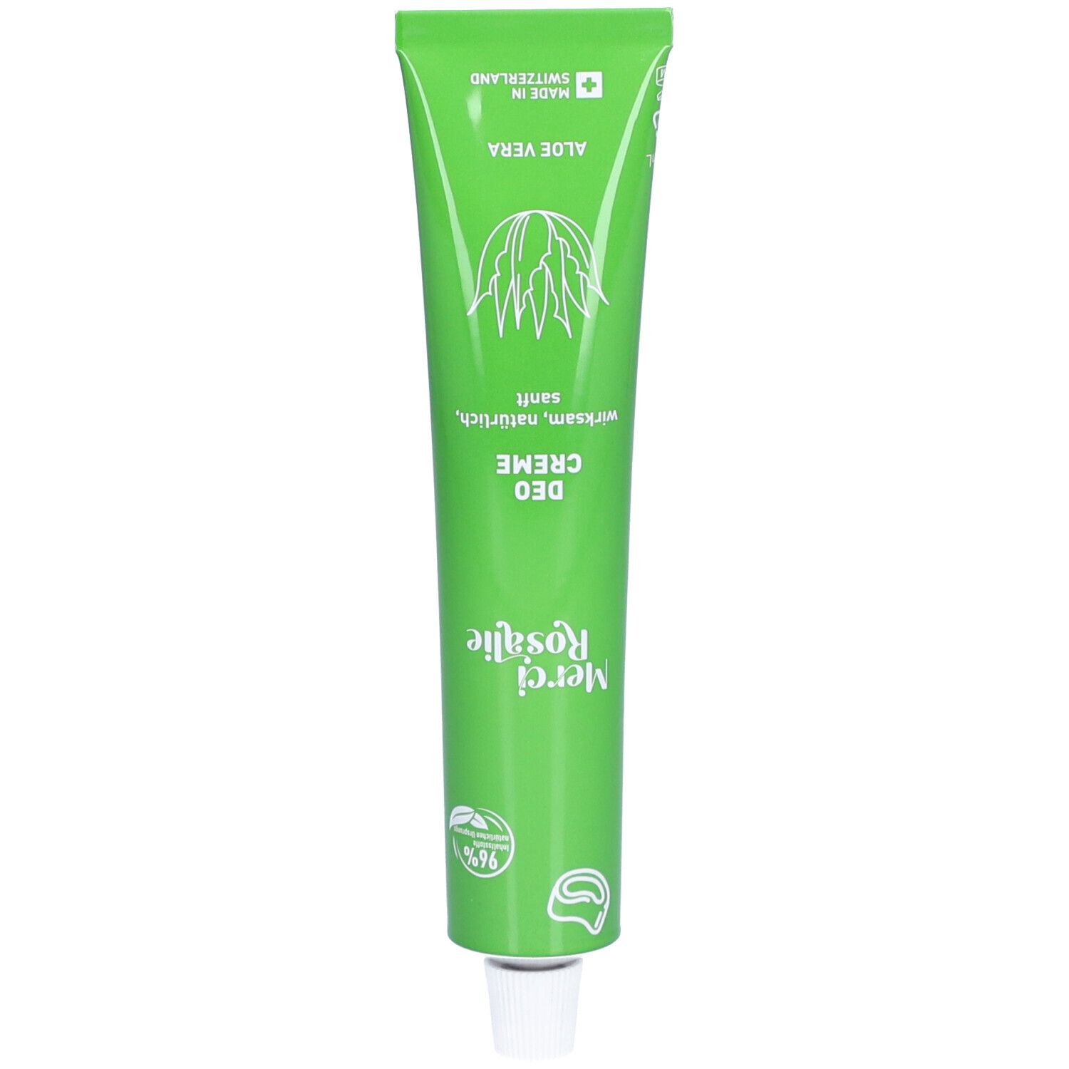 Groene tube met "Merci Rosalie Deo Creme Aloe Vera". Bevat aloë vera. Gemaakt in Zwitserland.