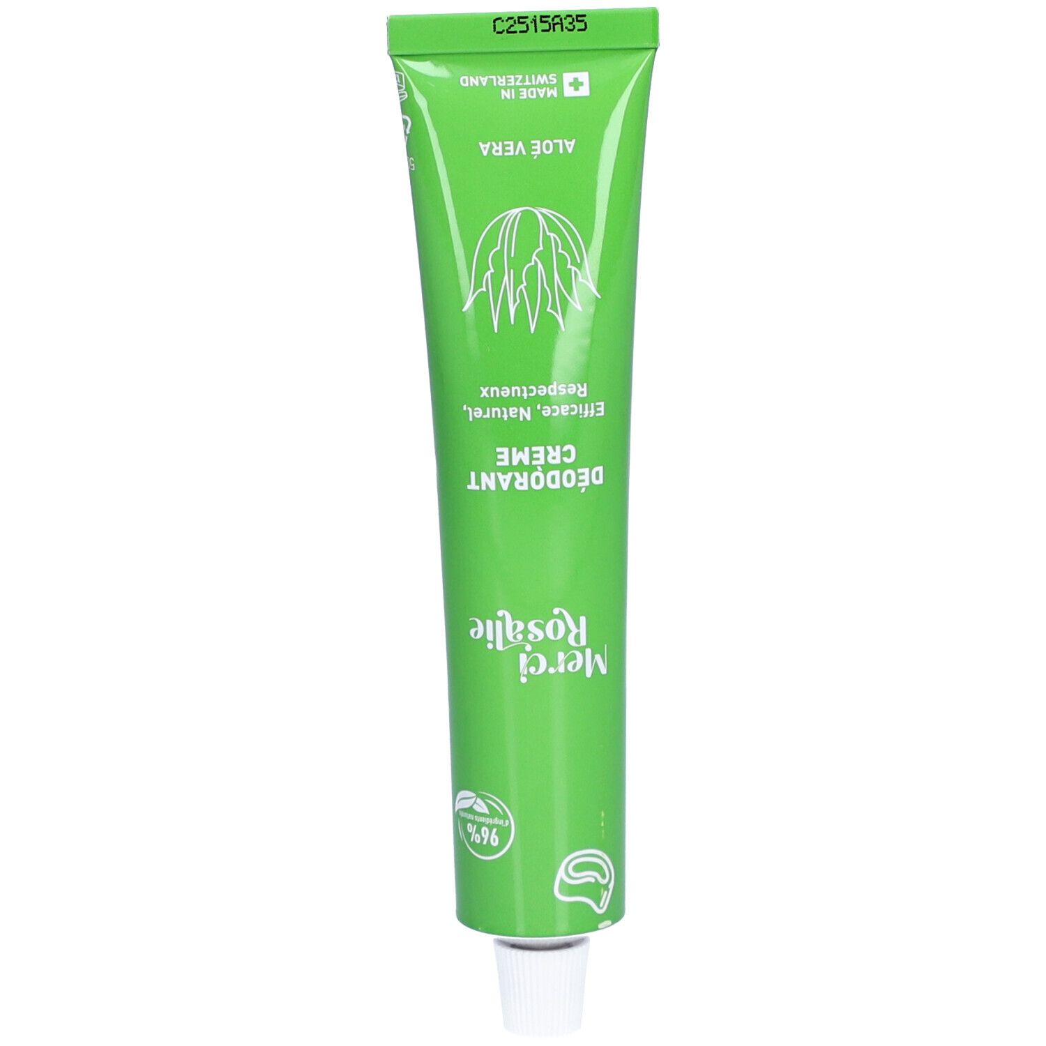 Groene tube met "Merci Rosalie Deodorant Creme Aloe Vera". Gemaakt in Zwitserland.