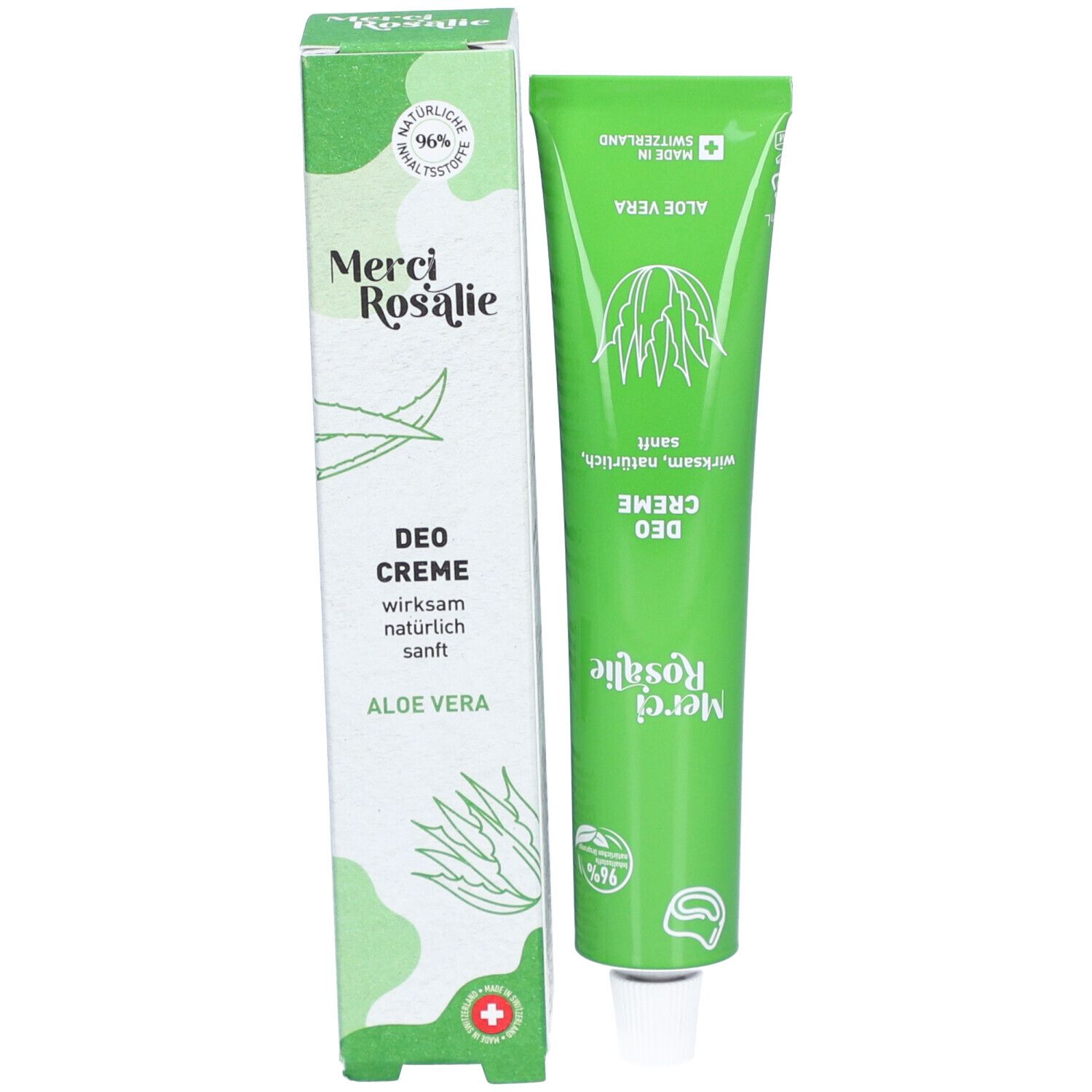 Groene tube en doos. Opschrift "Merci Rosalie Deo Creme Aloe Vera". Met aloë vera illustratie.