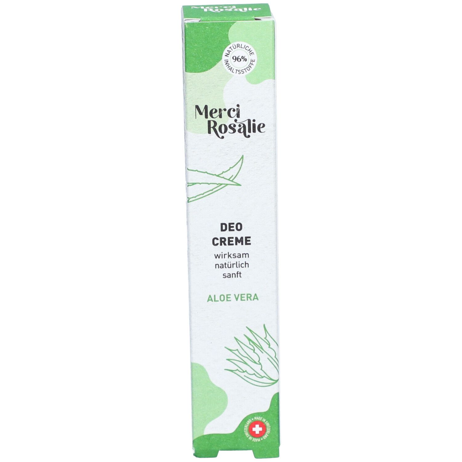 Groene doos met "Merci Rosalie Deo Creme Aloe Vera". Met aloë vera illustratie.