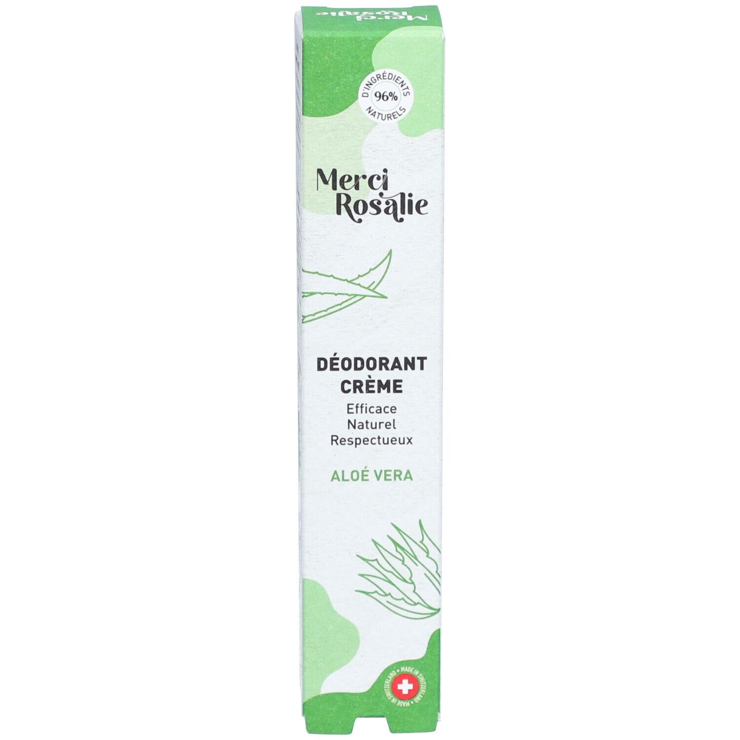 Groene doos met "Merci Rosalie Déodorant Crème Aloe Vera". Met aloë vera illustratie.