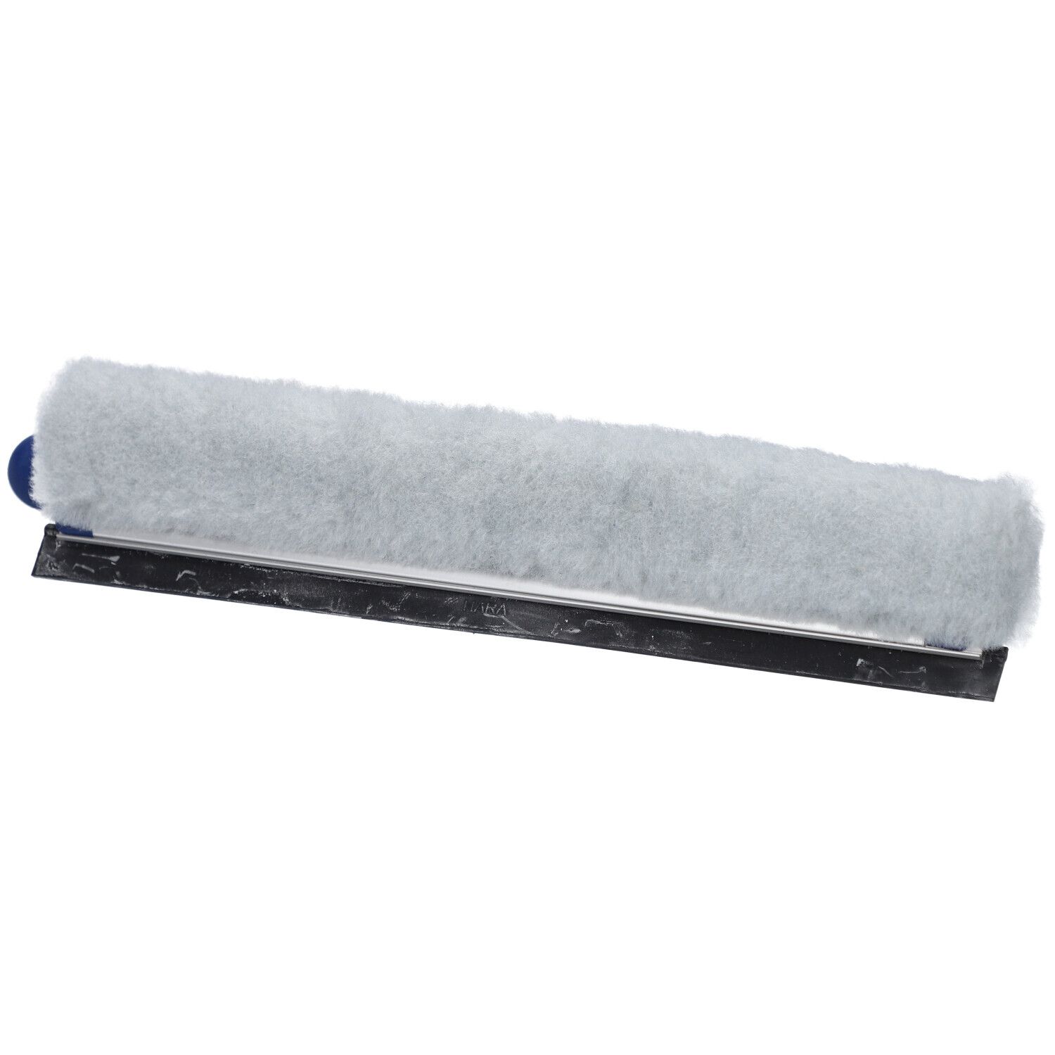 Raclette de fenêtre avec manche bleu et revêtement gris. Lame en caoutchouc noire.