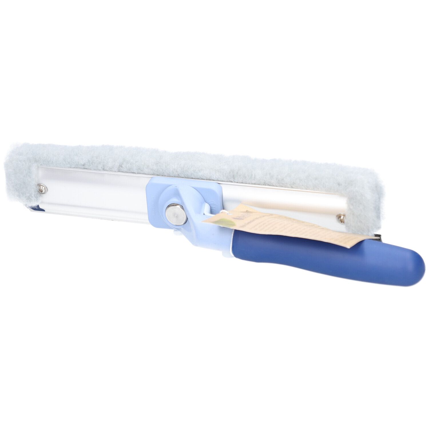 Raclette de fenêtre avec manche bleu et revêtement gris. Articulation et étiquette.