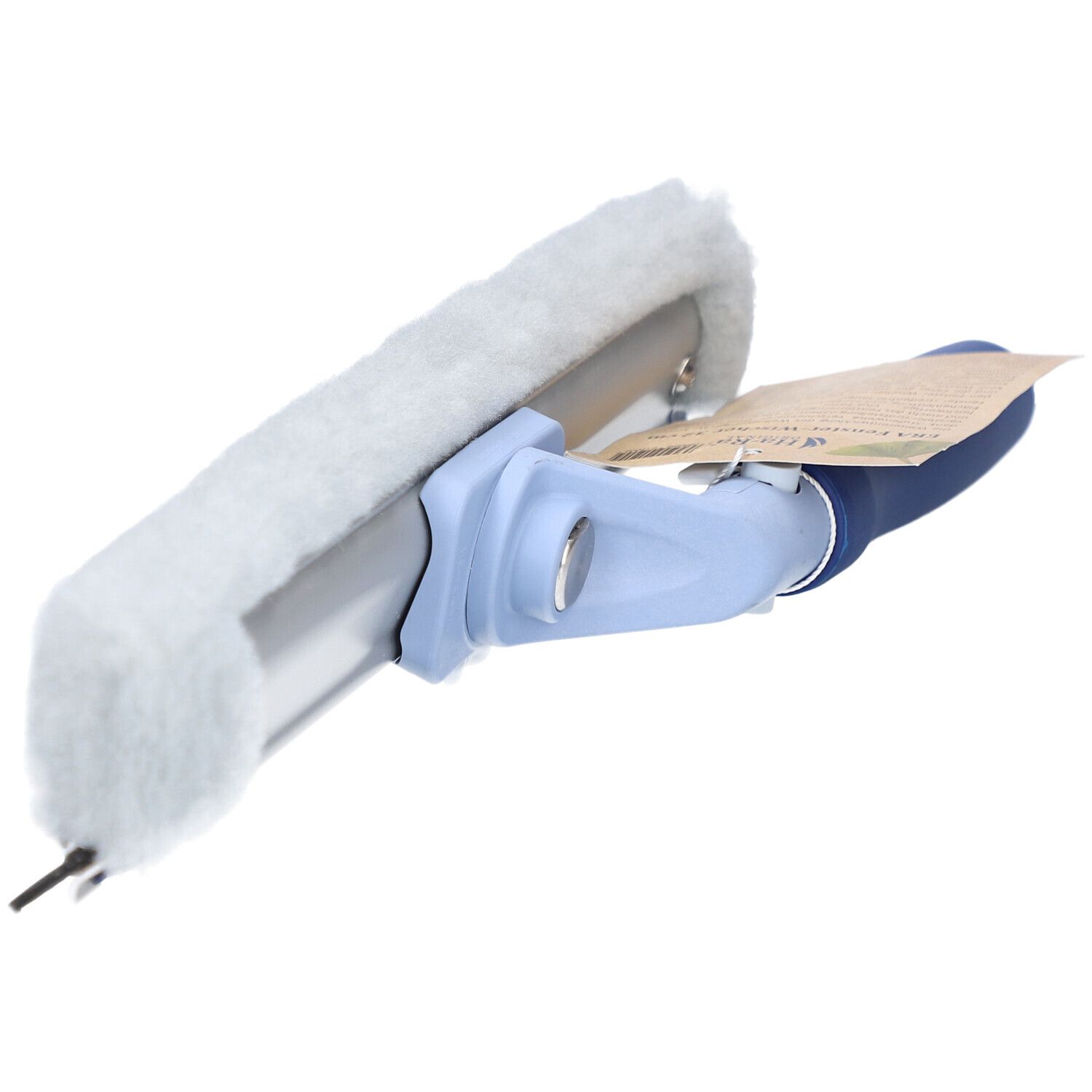 Raclette de fenêtre avec manche bleu et revêtement gris. Articulation et étiquette.